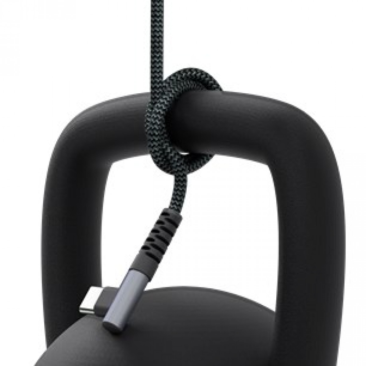 Black kettlebell with a black and grey braided charging cable attached and a USB-C connector.