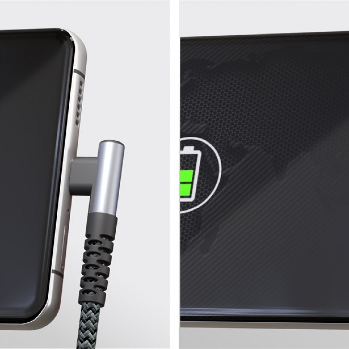 A smartphone connected to a power bank with a charging symbol displayed on the screen.