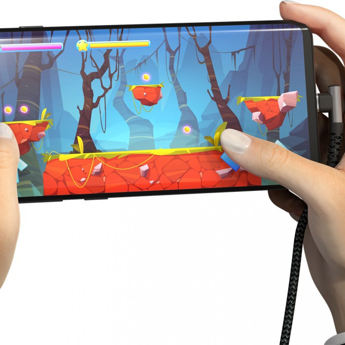 Hands holding a phone showing a game. The game has platforms and a character.