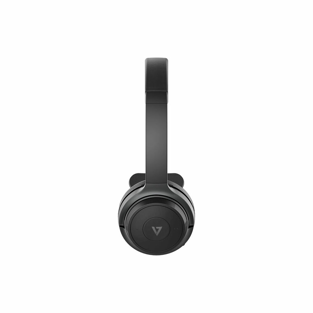 Auriculares negros, vistos desde el frente. La diadema está arriba, con un logotipo de triángulo en la copa.