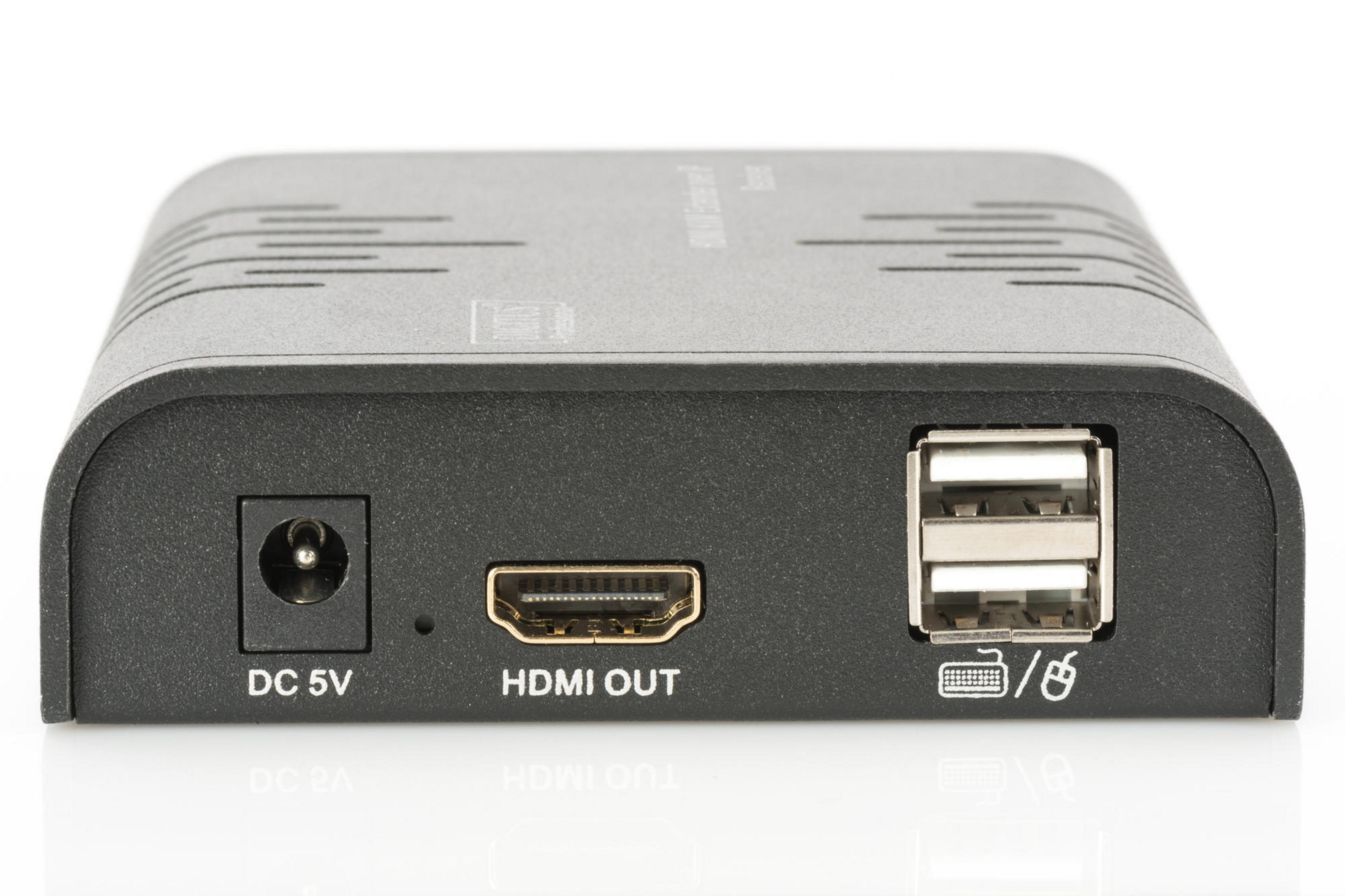 Czarny adapter HDMI z portami HDMI, USB i wejściem zasilania DC. Jest na białym tle.