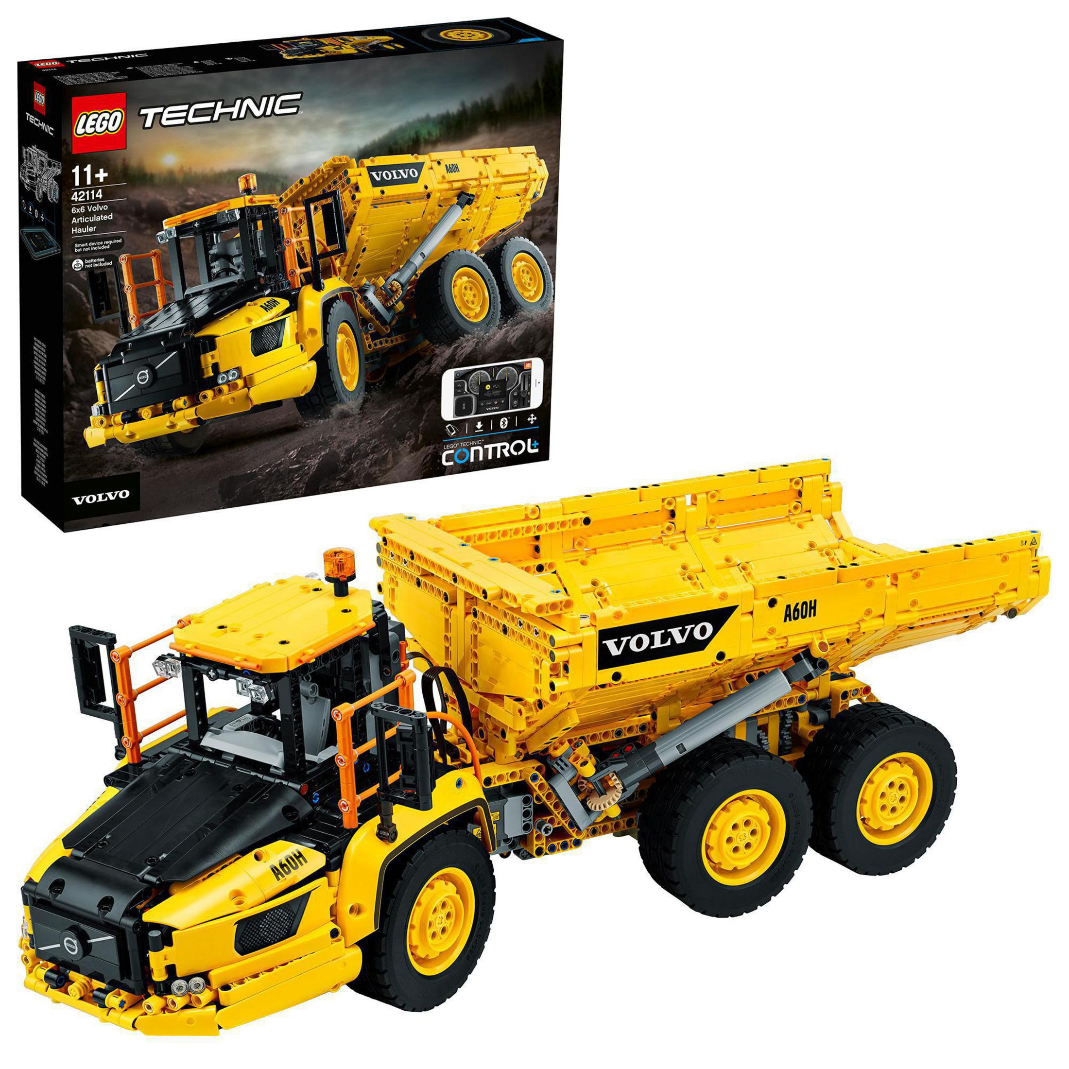 Gelbes Lego Technic Muldenkipper-Modell mit Box.