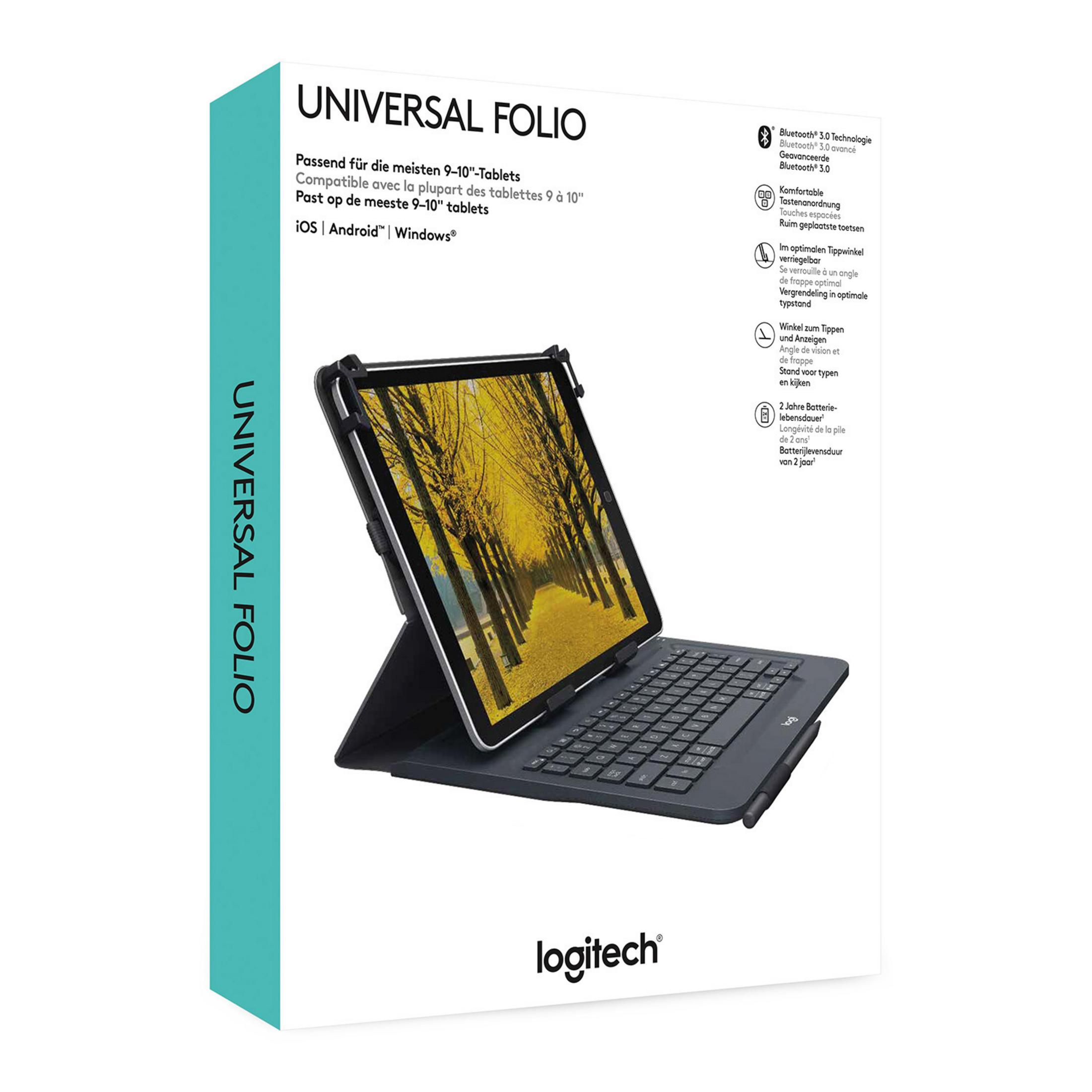 Logitech Universal Folio Box mit Tablet und Tastatur darin.