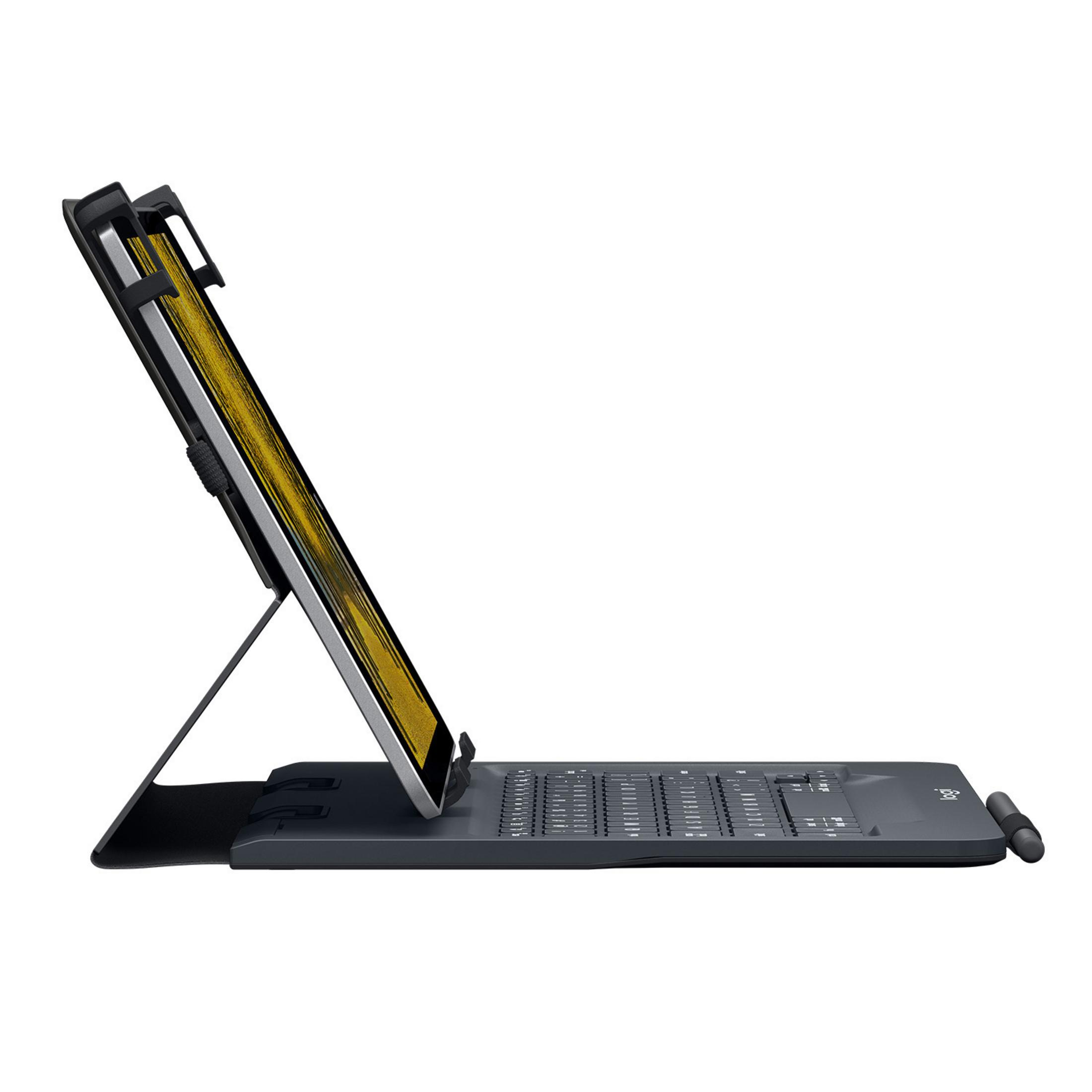 Tablet in einer dunkelgrauen Tastaturhülle, aufgestellt. Stift ist im Etui.