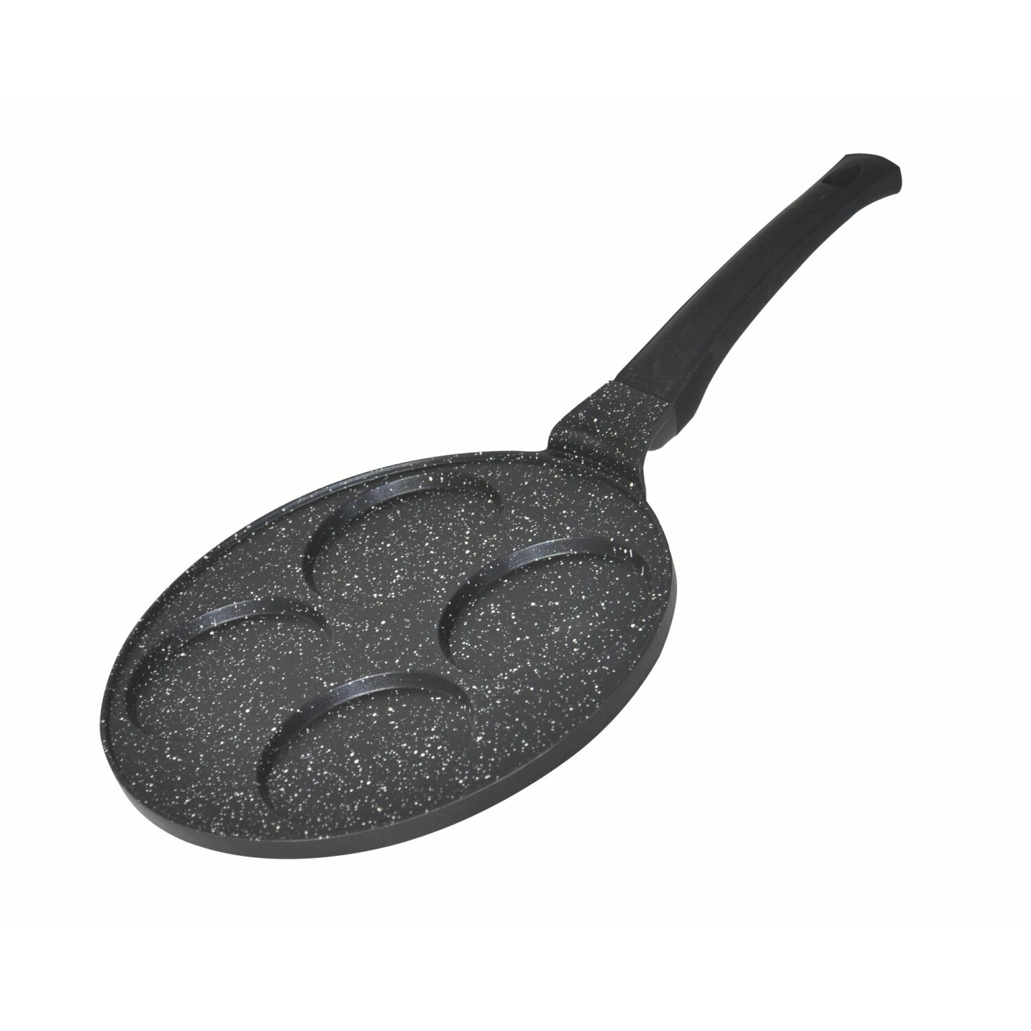 Eine schwarze Bratpfanne mit vier kreisförmigen Kochstellen und einem langen Griff, vor weißem Hintergrund.
