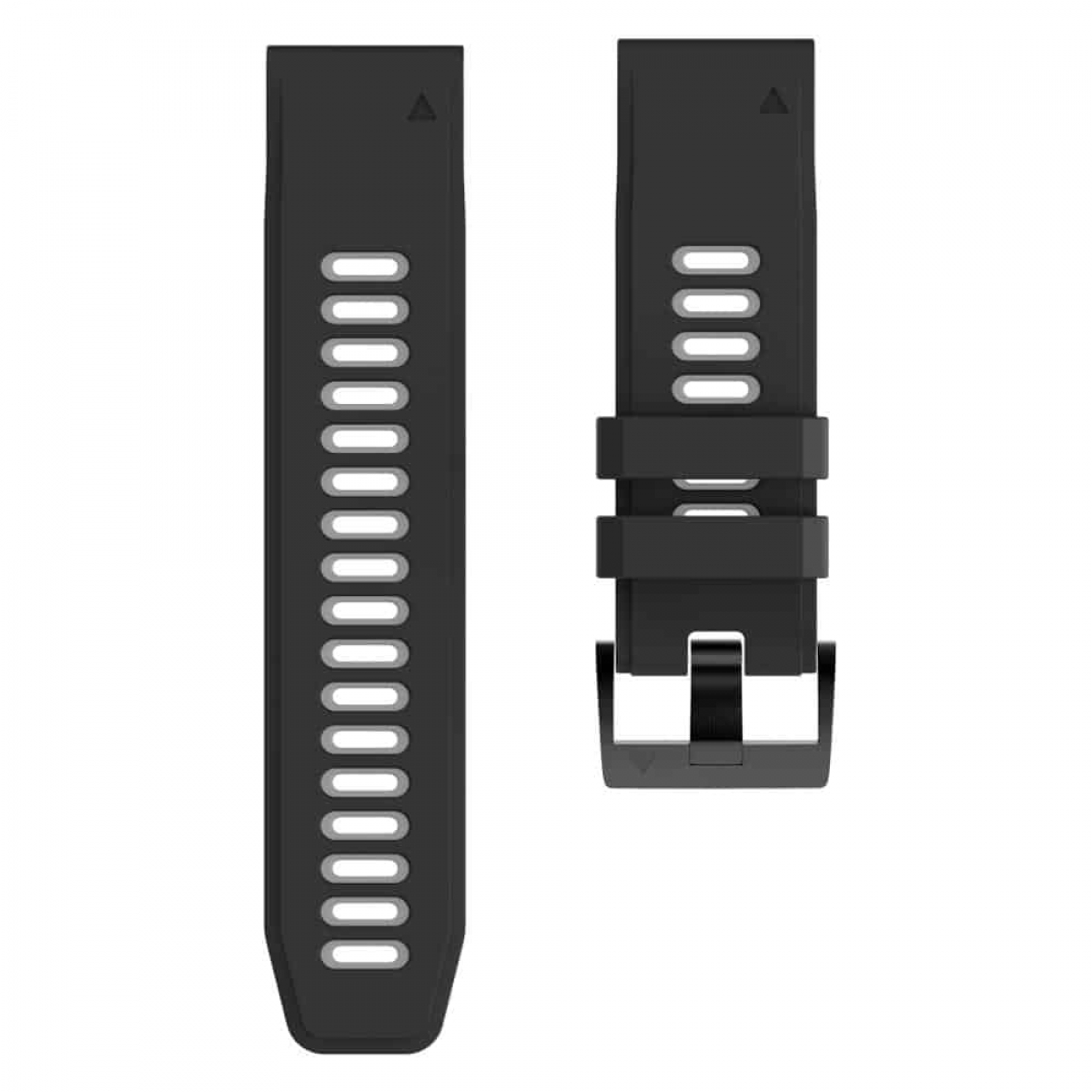 Schwarzes Uhrenarmband mit grauen Akzenten. Zwei Teile, eines mit Löchern, das andere mit Schnalle.
