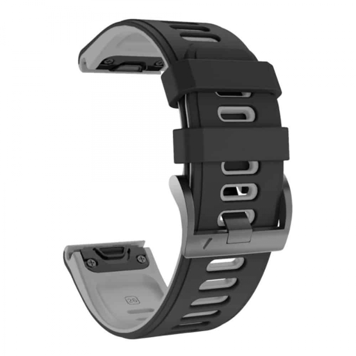 Ein schwarzes und graues Uhrenarmband mit Schnalle, auf weißem Hintergrund.