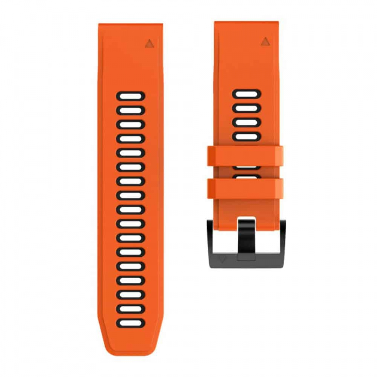 Orangenes Uhrenarmband mit schwarzen Akzenten. Zwei Teile, eines mit Löchern, das andere mit Schnalle.