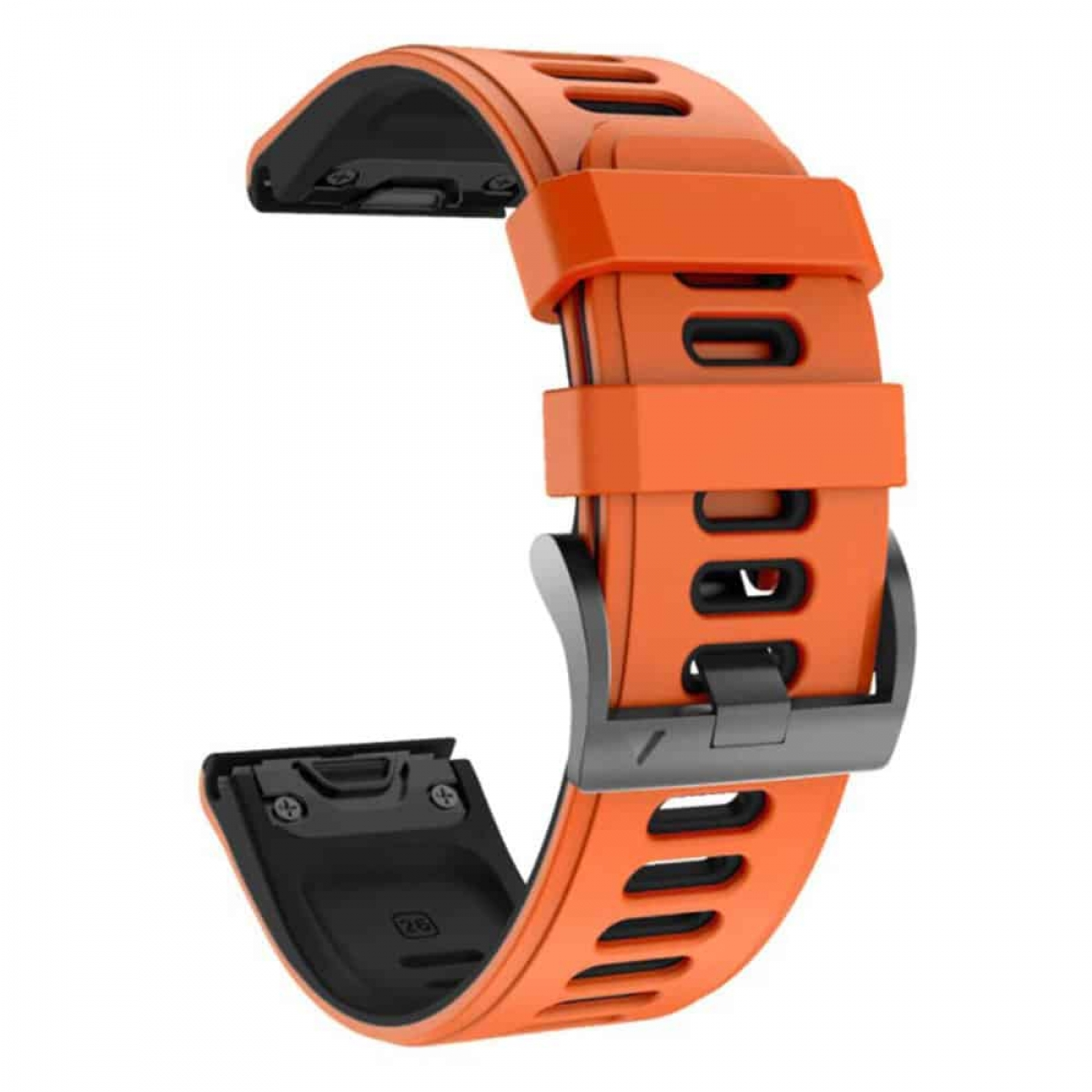 Oranges Uhrenarmband mit schwarzen Akzenten, silberne Schnalle, auf weißem Hintergrund.