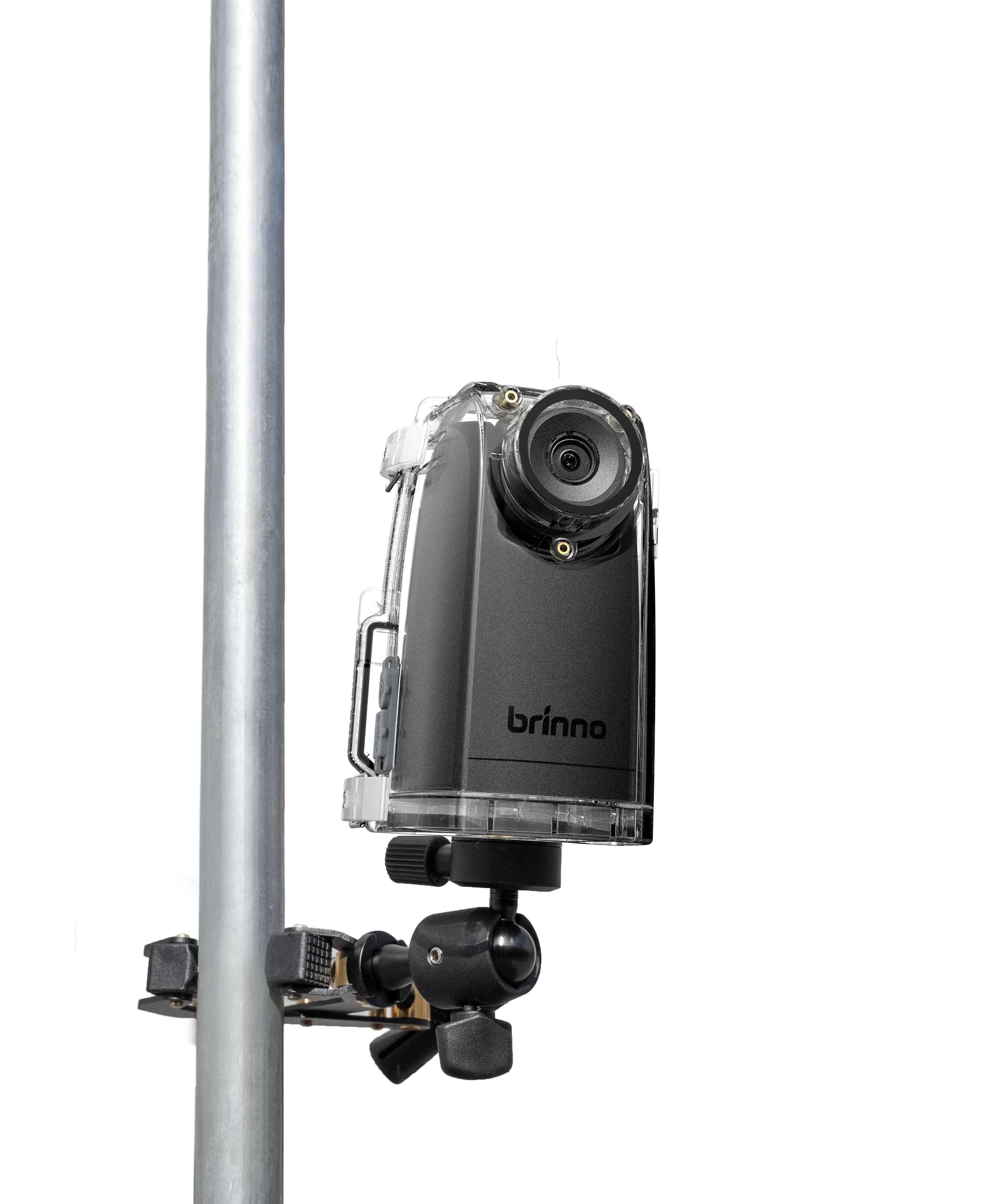 Una piccola fotocamera nera montata su un palo. La fotocamera è in una custodia trasparente.
