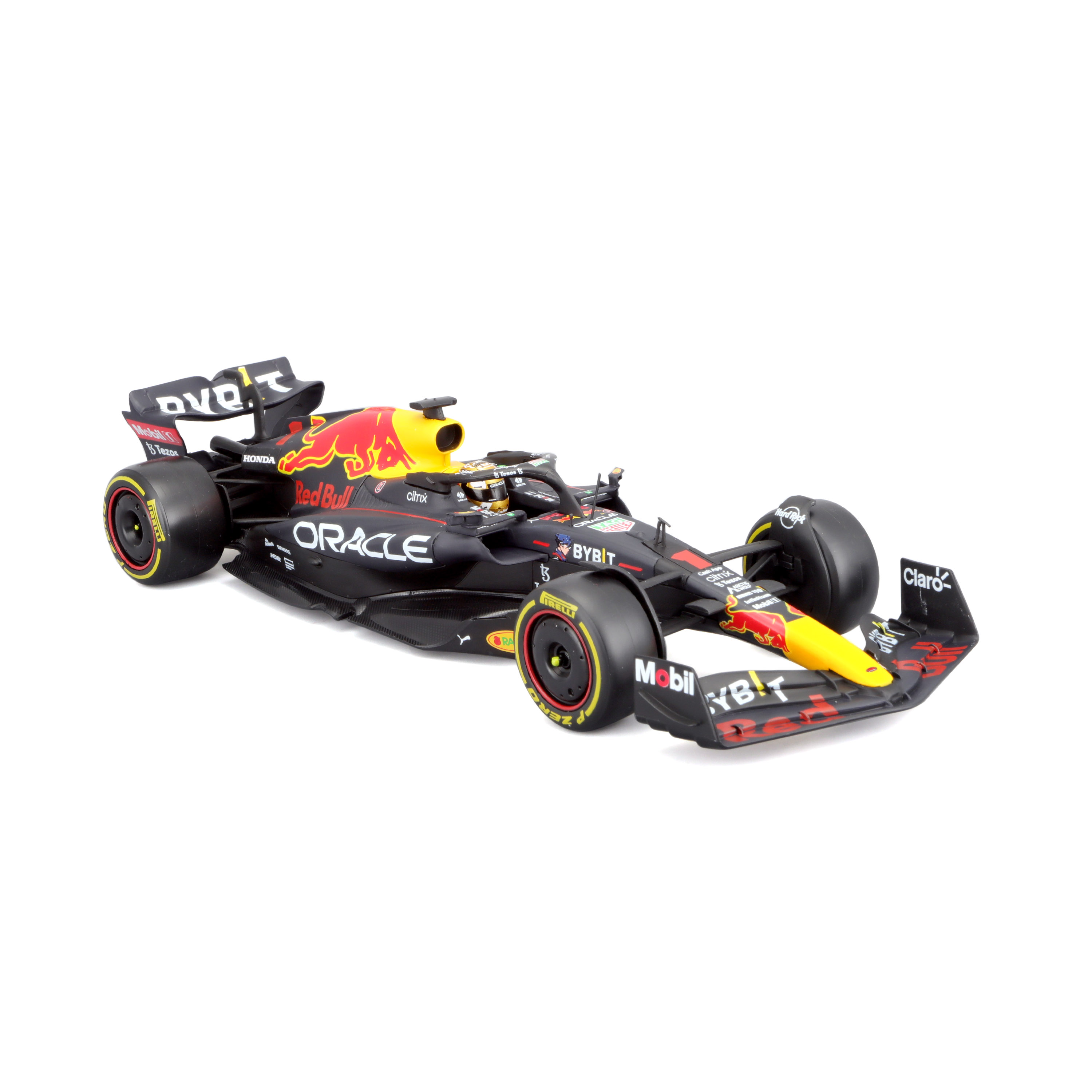Ein Red Bull Rennwagen mit Sponsorenlogos auf weißem Hintergrund.