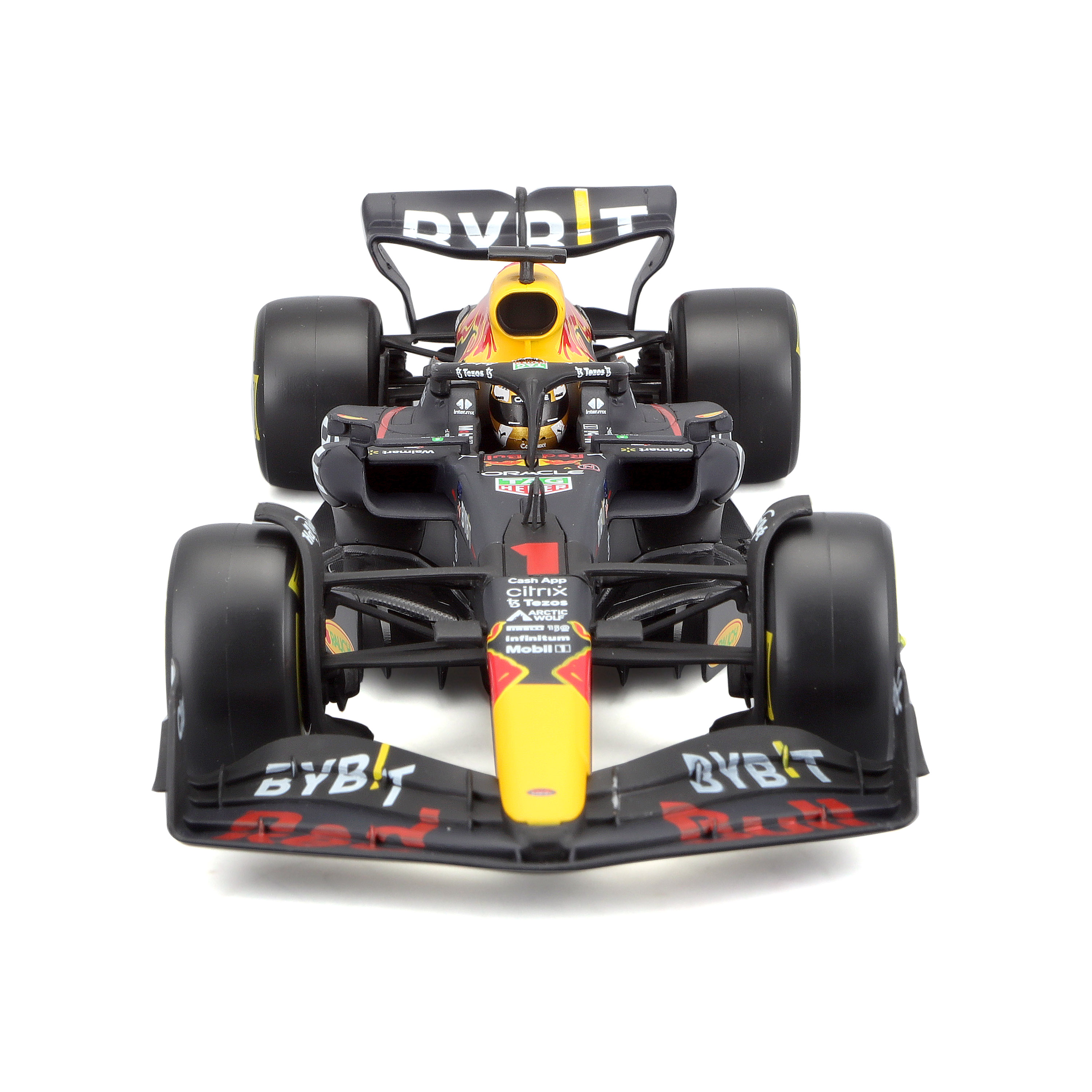 Ein Formel-1-Rennwagenmodell mit roten und gelben Akzenten. Das Auto steht vor weißem Hintergrund.