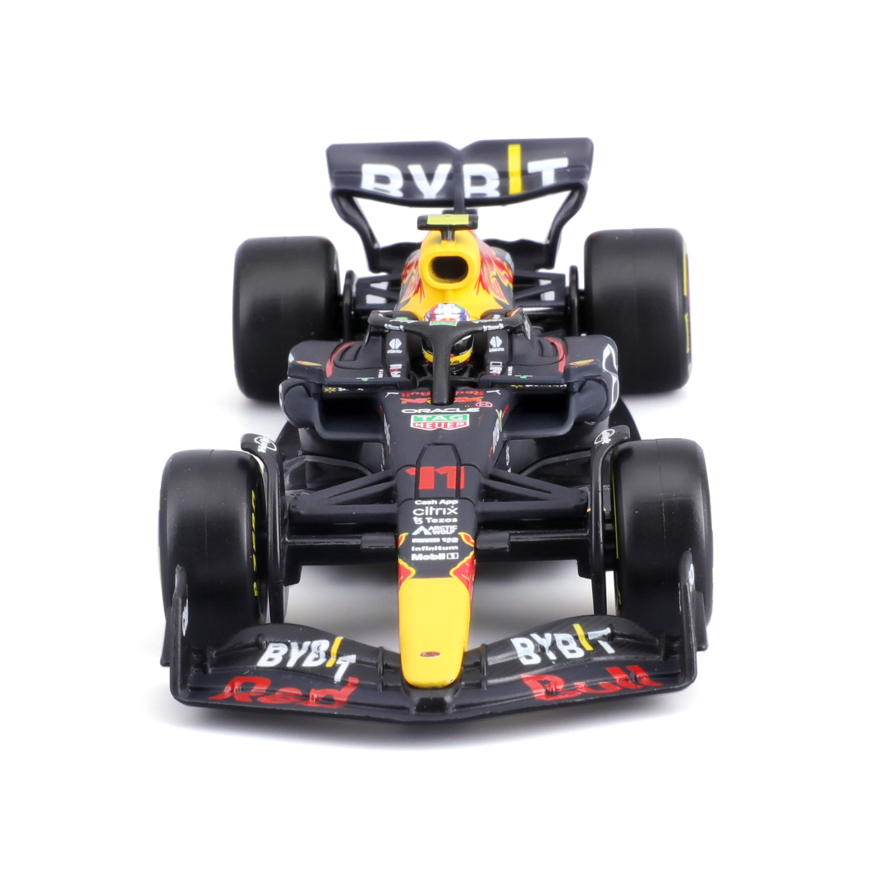 Un'auto da corsa di Formula 1 giocattolo. È rossa, gialla, nera e ha loghi degli sponsor.
