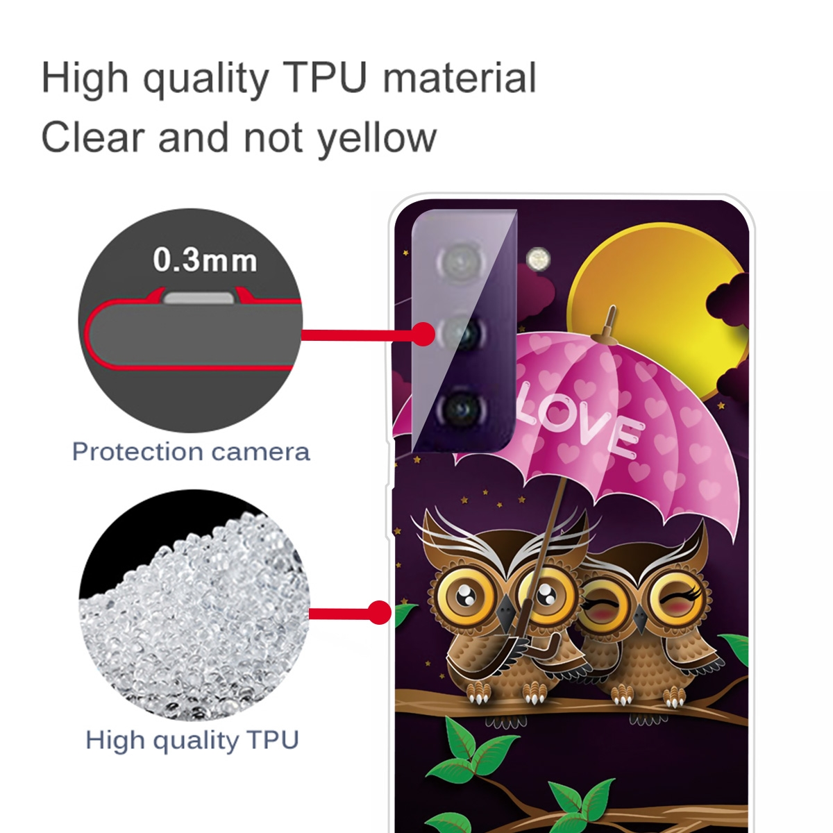 Una funda de teléfono con búhos y un paraguas. Tiene un recorte para la cámara y material TPU claro.
