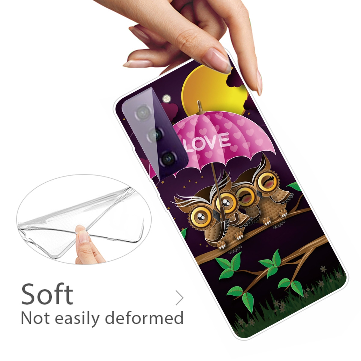 Funda de teléfono con búhos bajo paraguas. Mano sosteniéndola. Texto: Soft, Not easily deformed.