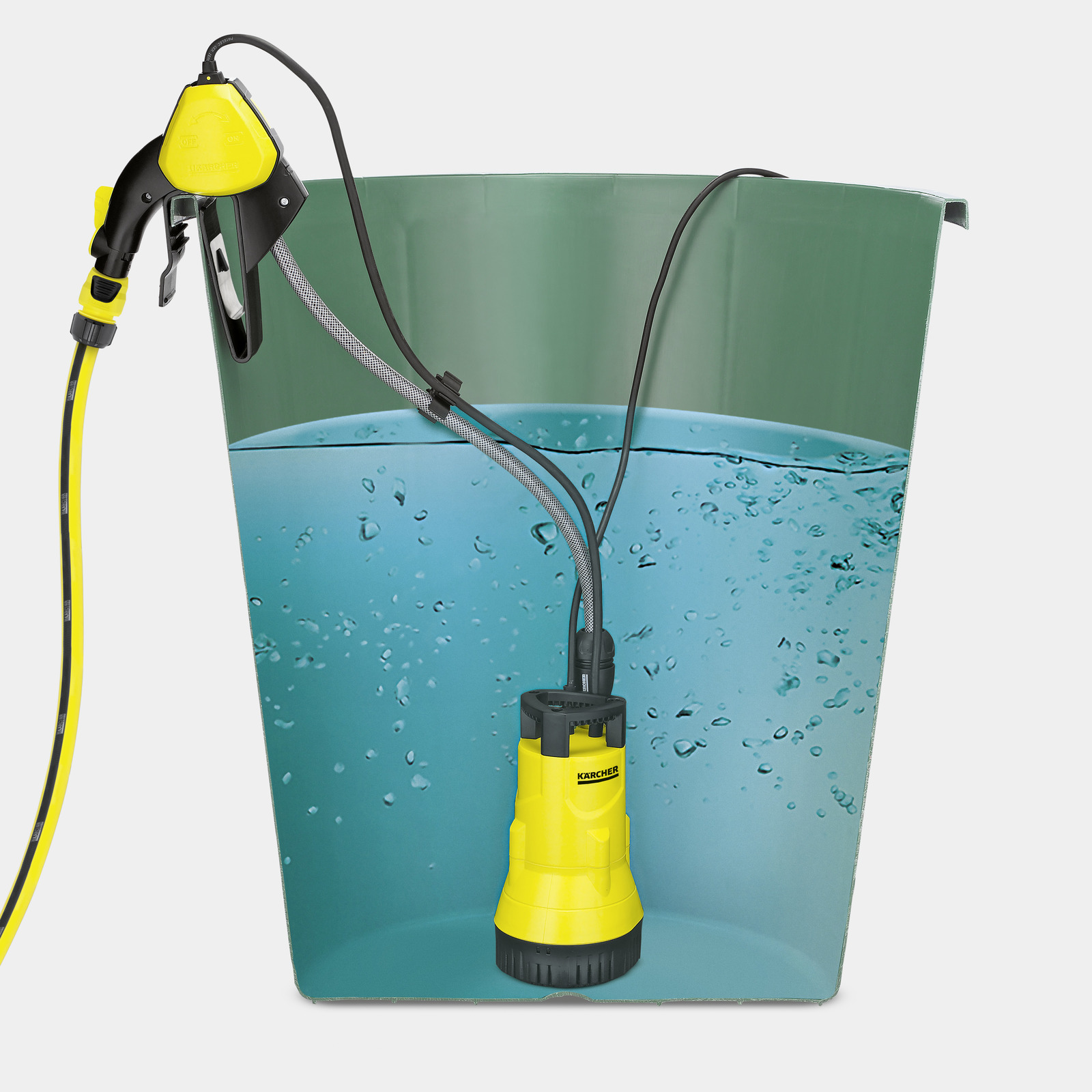 Gelbe Kärcher Tauchpumpe in einem grünen Eimer Wasser. Ein gelber Schlauch und eine Düse sind angebracht.