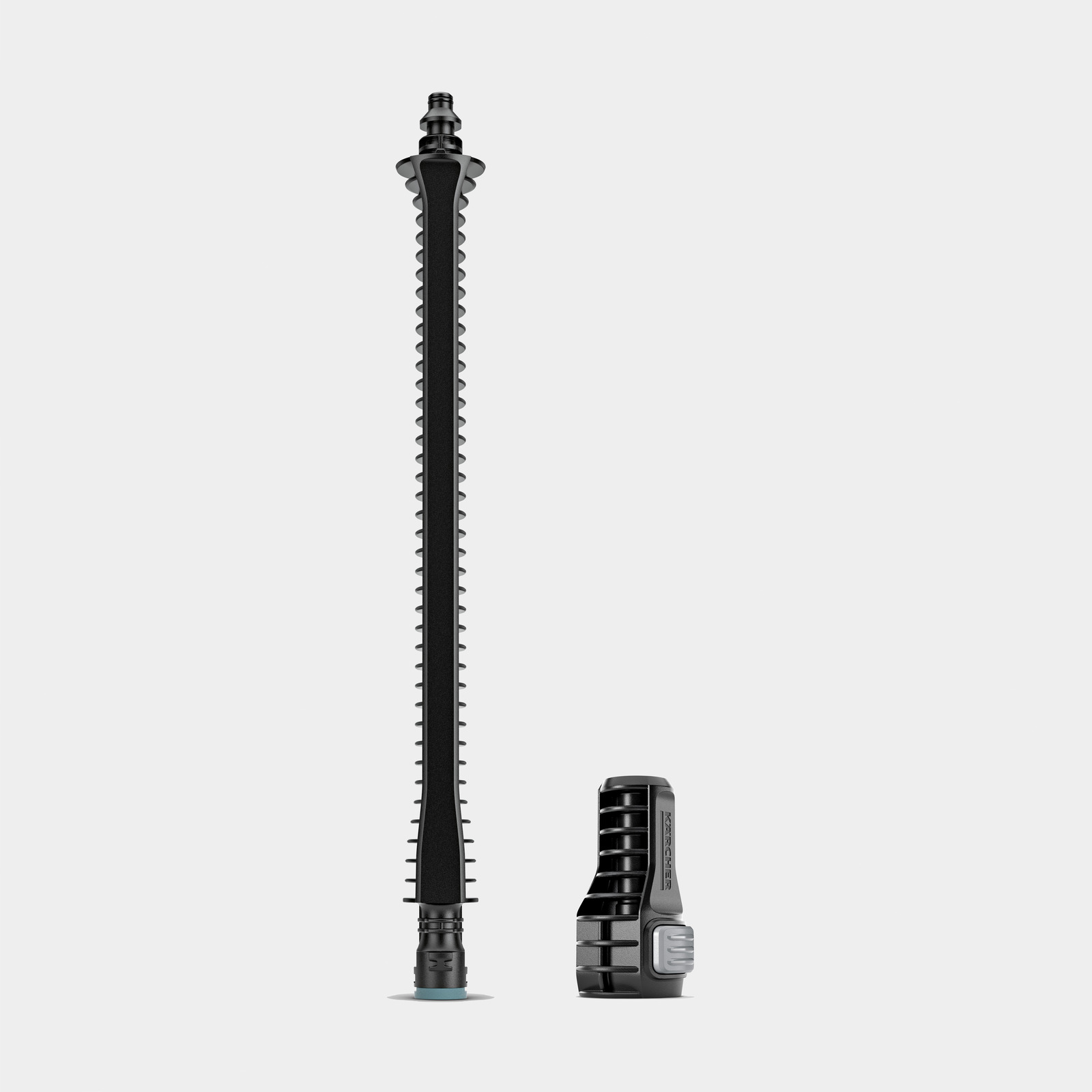 Black pressure washer extension with white background.  The wand and nozzle are visible.