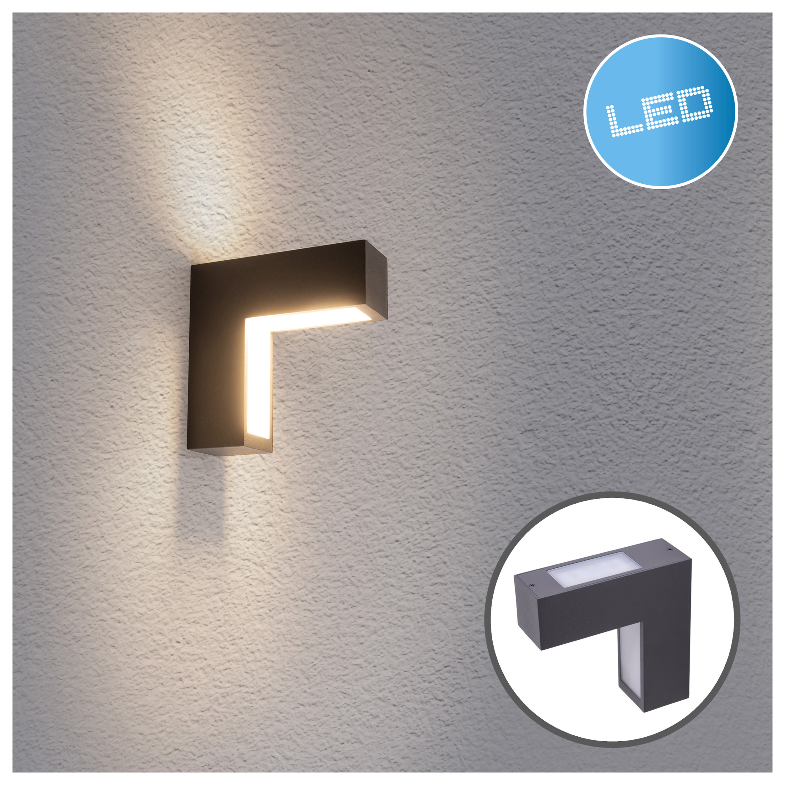Eine schwarze LED-Wandleuchte in Eckform, an einer grauen Wand montiert, mit weißem Licht.