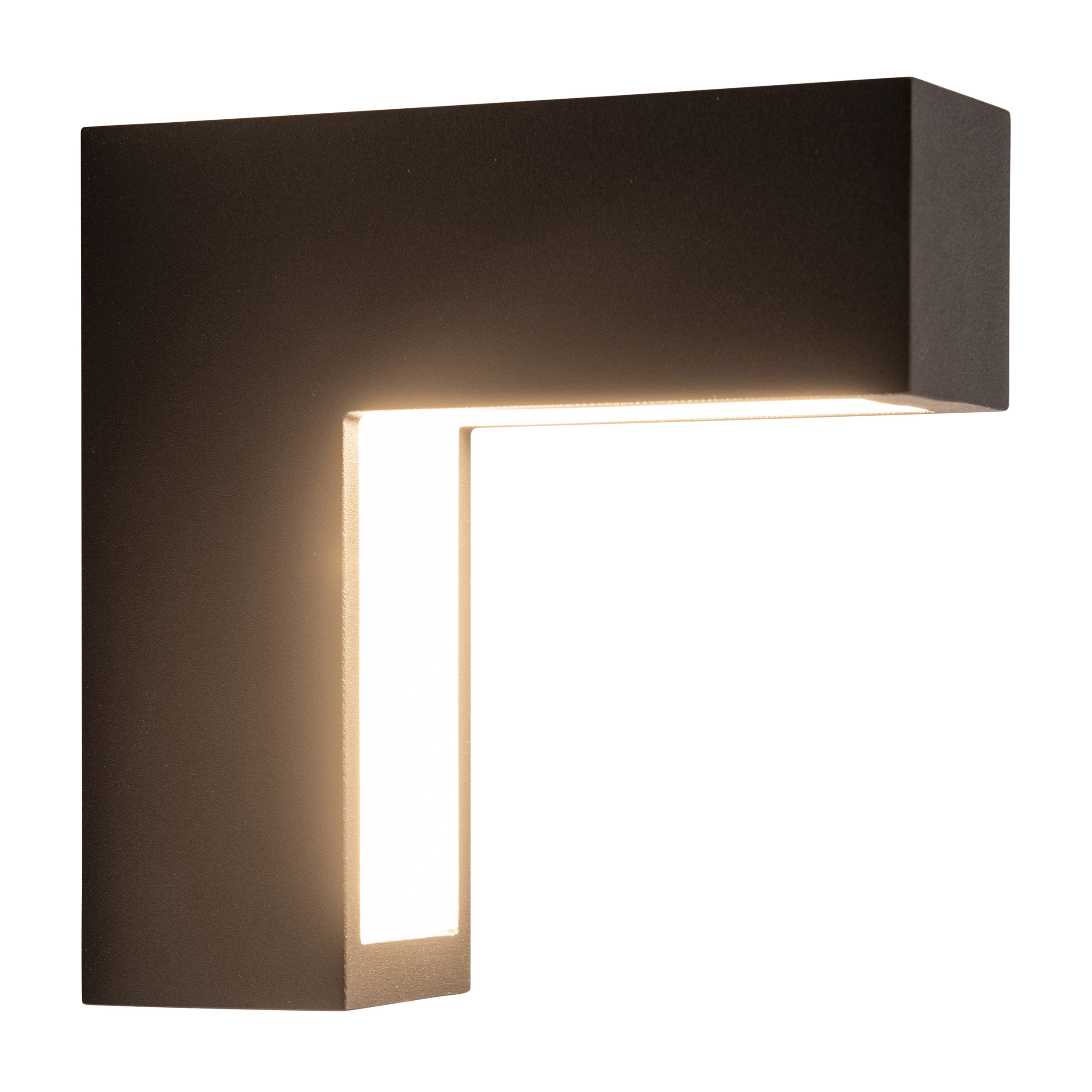 Moderne schwarze Außenwandleuchte mit hellem, weißem Licht.