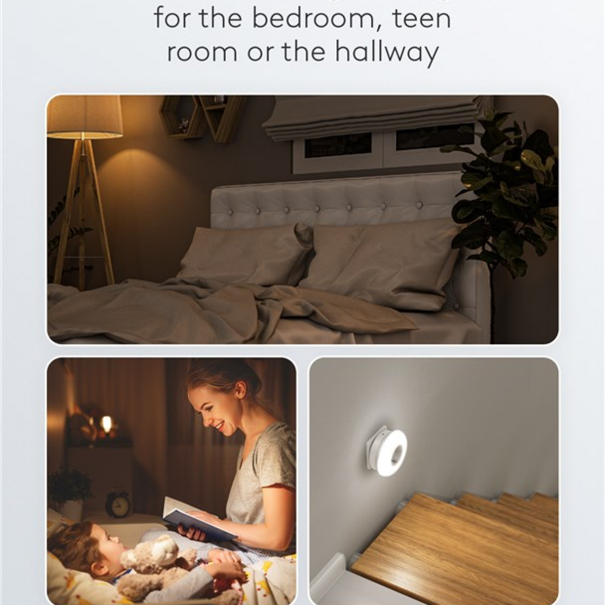 Drei Bilder zum Thema Beleuchtung. Eines von einem Schlafzimmer, eines von einer Mutter, die einem Kind vorliest, und eines von einem Licht.
