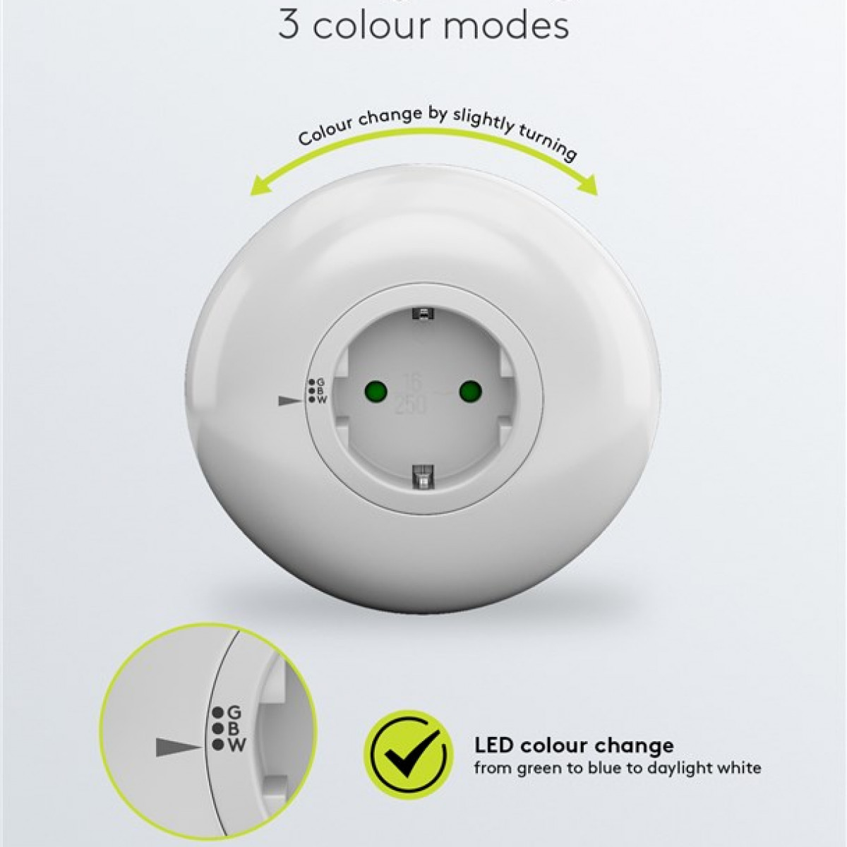 Ein weißer Smart Plug mit farbwechselnden LEDs und Text.