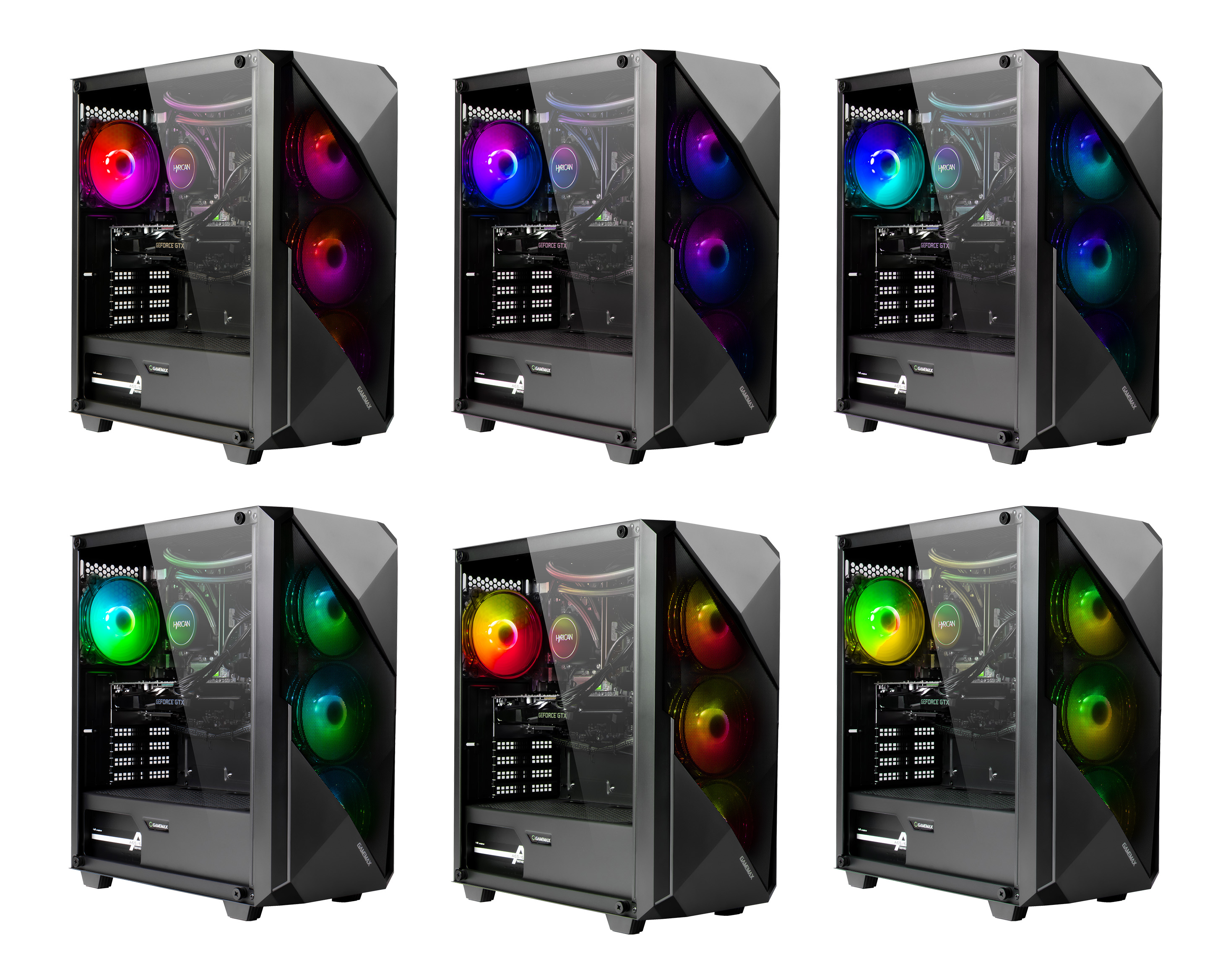 Sechs schwarze Computergehäuse mit bunten LED-Lüftern, auf weißem Hintergrund angeordnet.