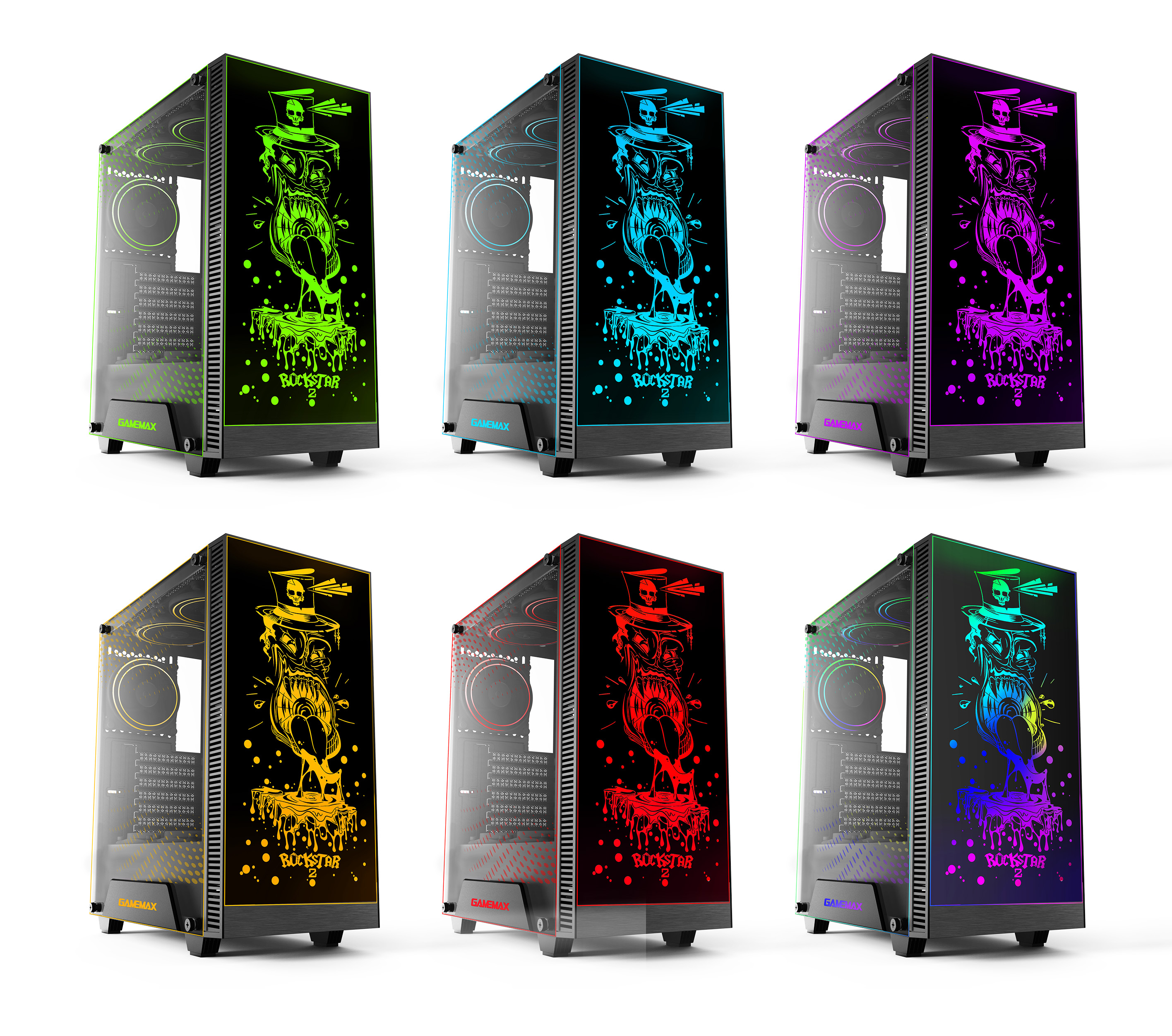 Sechs Computergehäuse mit verschiedenfarbigen Grafiken, alle mit Totenkopf-Design.