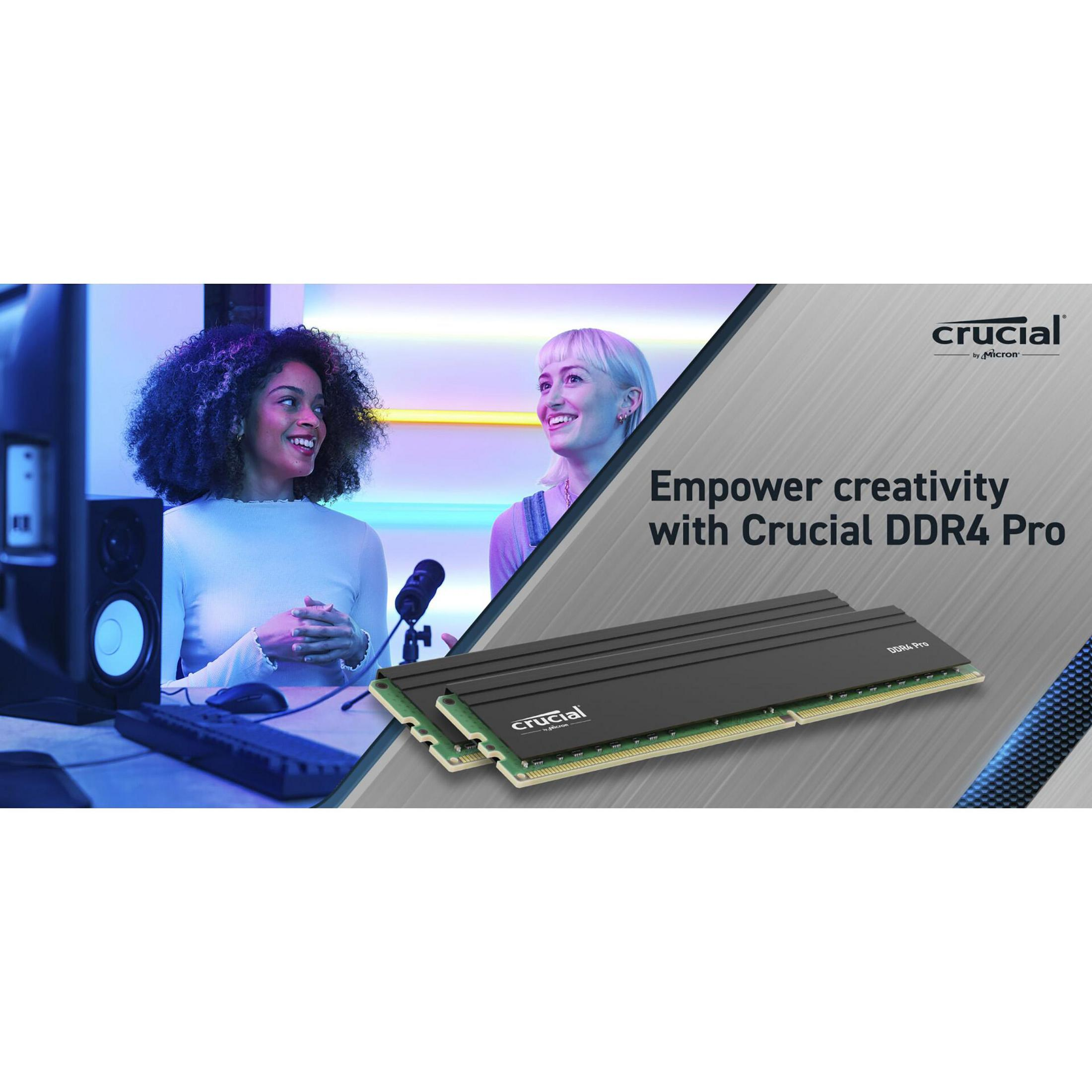 Dos mujeres sonriendo, con memorias RAM DDR4 Pro. Texto: Potencia la creatividad con Crucial DDR4 Pro.