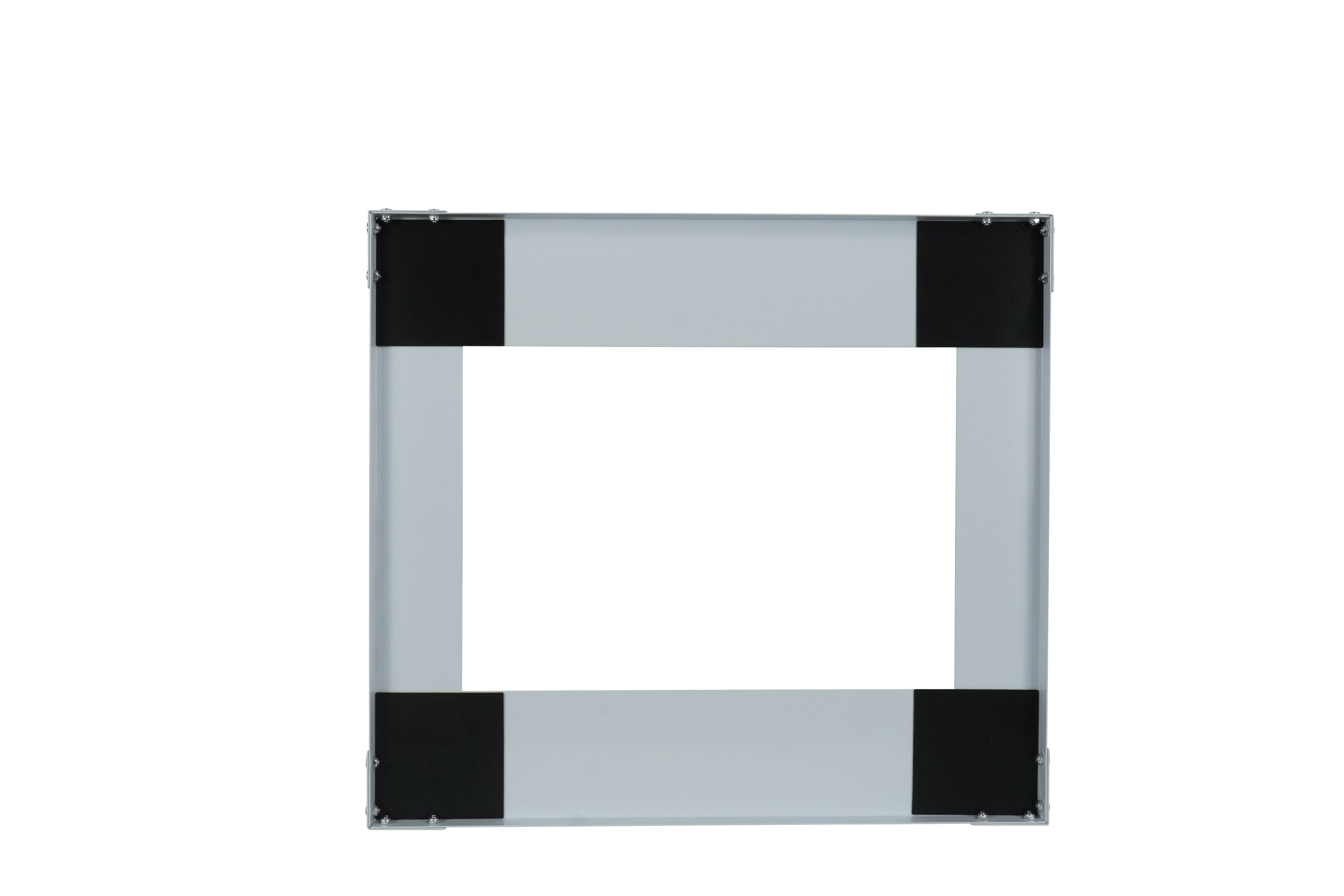 Un cadre rectangulaire avec un espace blanc au milieu et des coins noirs sur fond blanc.