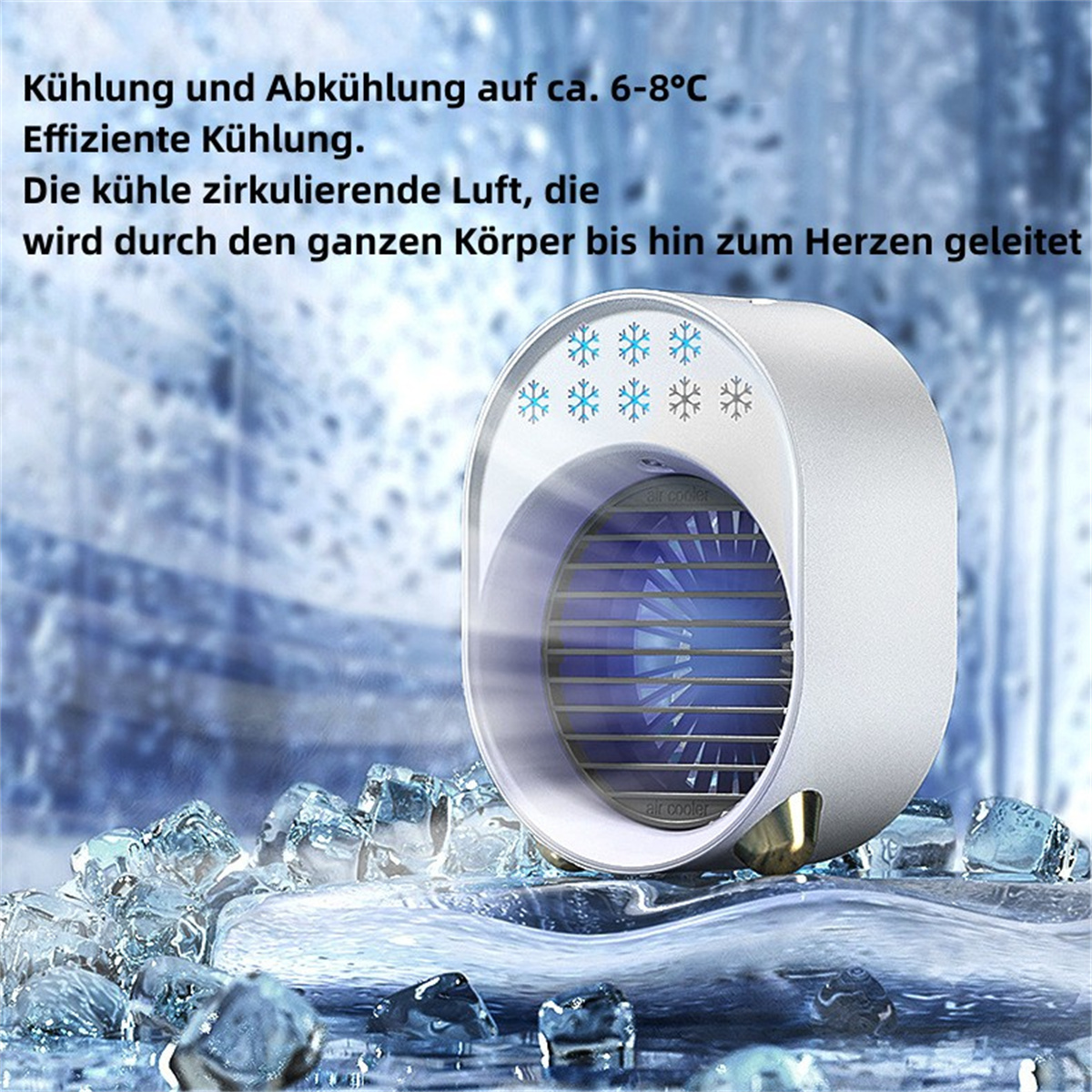 Weißer Luftkühler mit blauem Licht. Eiswürfel vorne. Weißer Hintergrund.