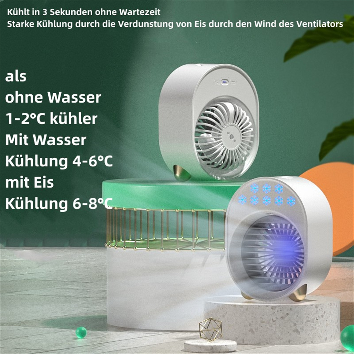 Zwei weiße und graue Kühlgeräte. Eines ist an und hat blaue Lichter.