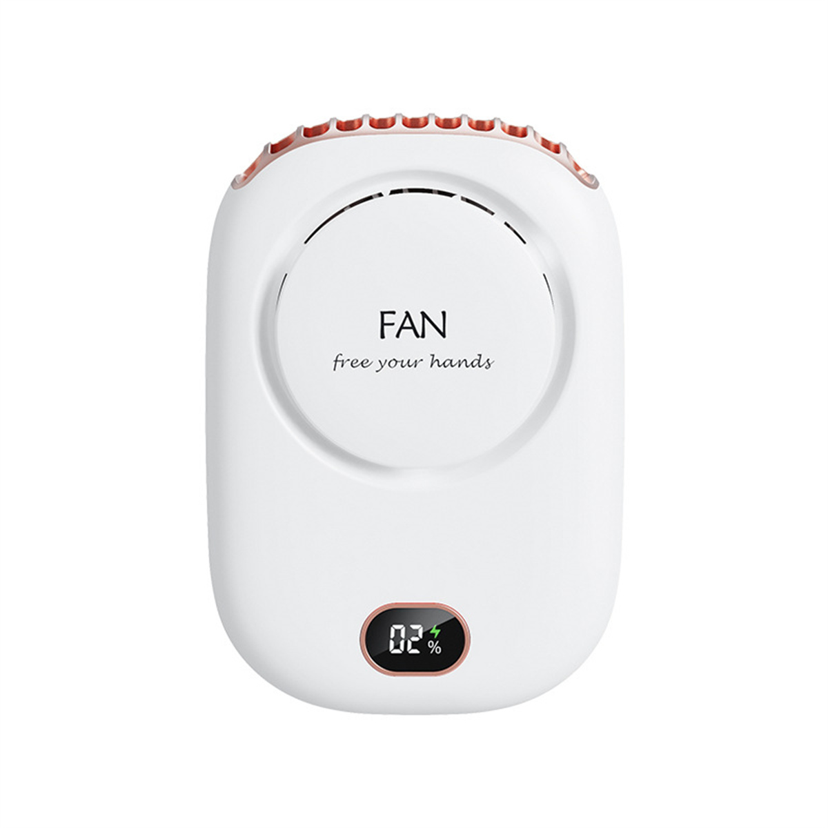Ein weißer Nackenventilator mit digitaler Anzeige, auf weißem Hintergrund.