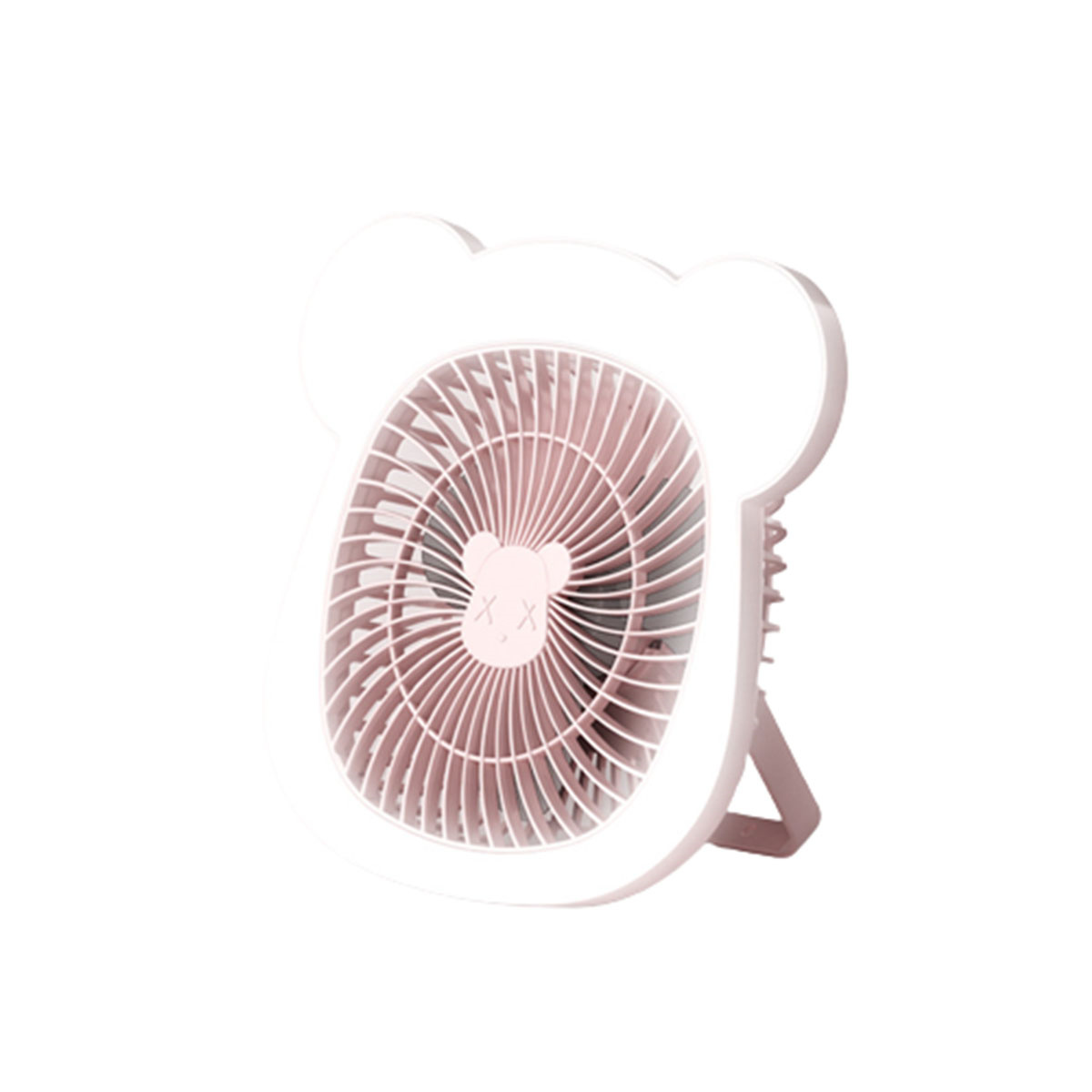 Weißer, bärenförmiger Ventilator mit rosa Flügeln auf weißem Hintergrund.