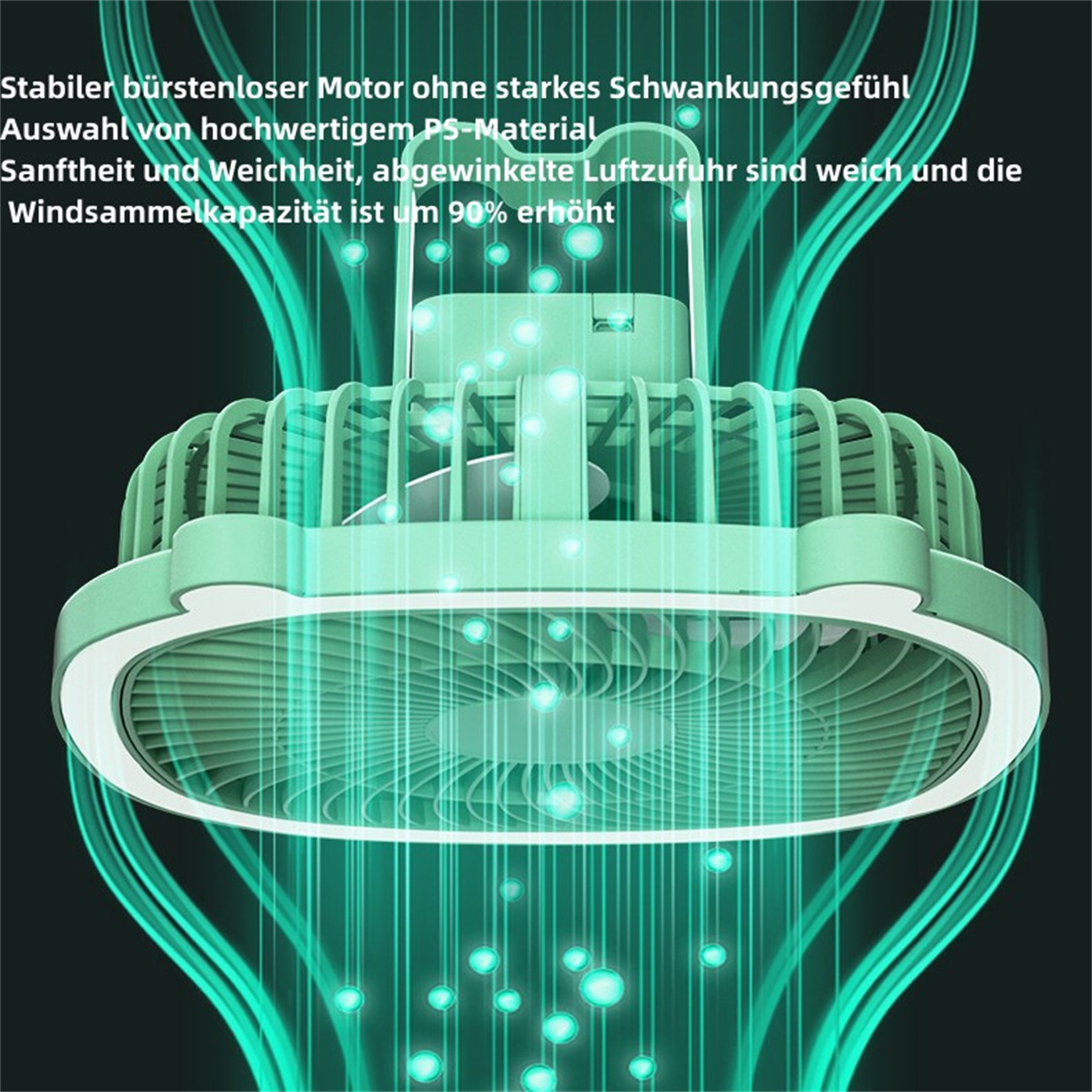 Ein kleiner, grün-weißer Ventilator, der blaues Licht ausstrahlt. Oben auf dem Ventilator steht Text.