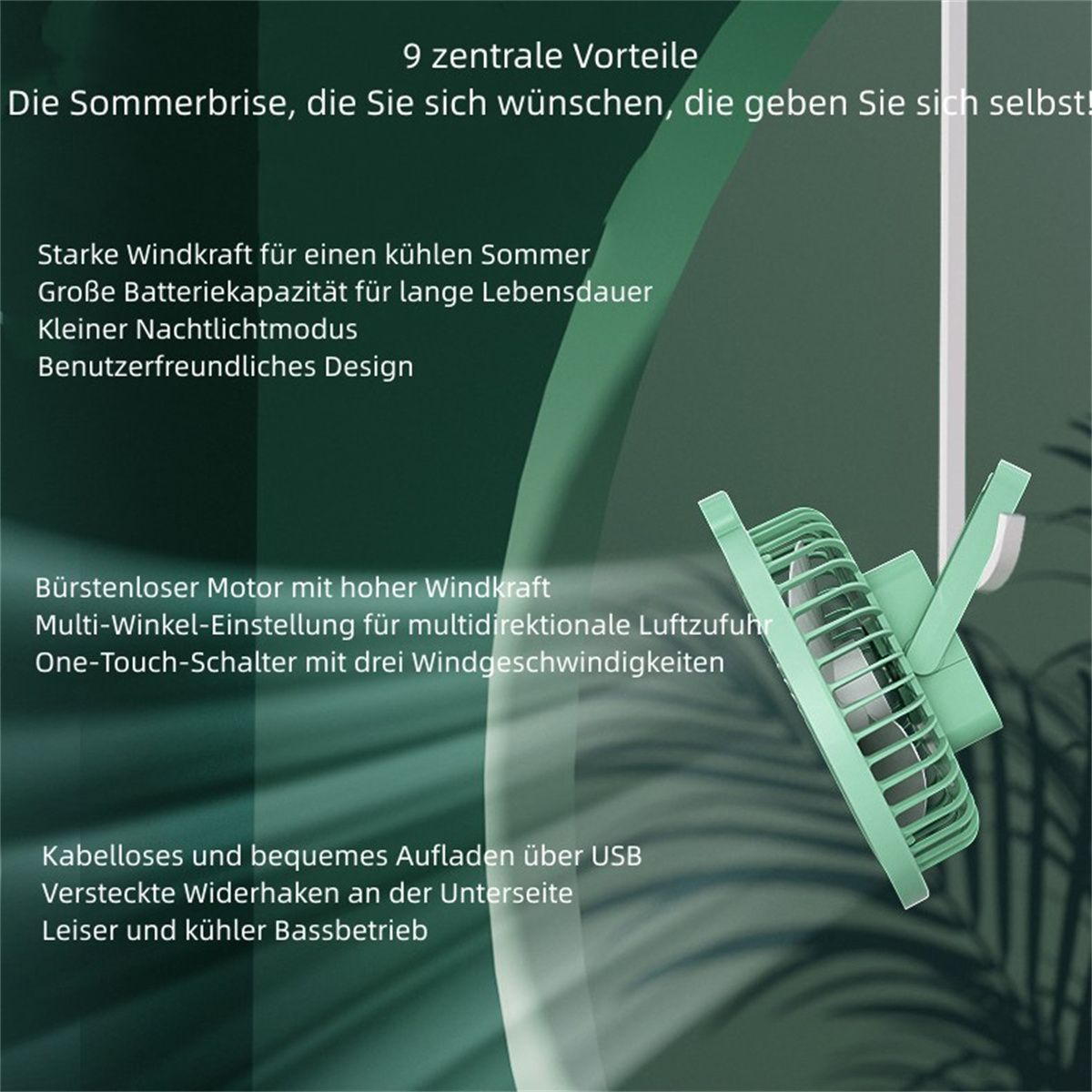 Bild mit Text zur Beschreibung eines tragbaren Ventilators. Zeigt den Ventilator und wichtige Funktionen.