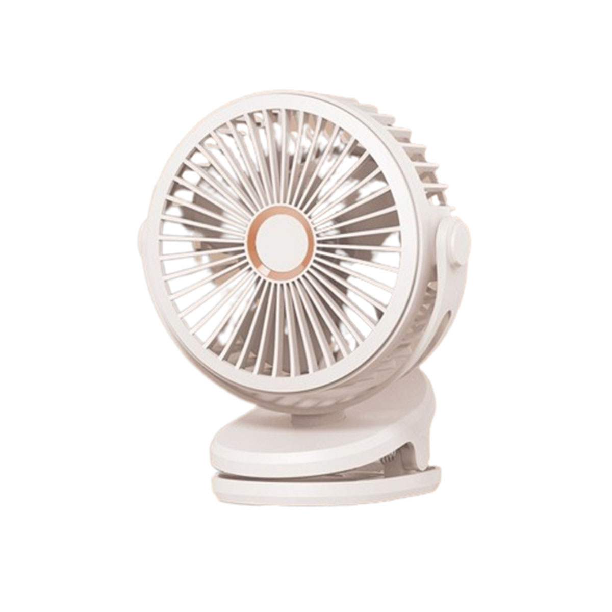 Weißer, runder, tragbarer Ventilator mit Clip-On-Sockel, isoliert auf weißem Hintergrund.