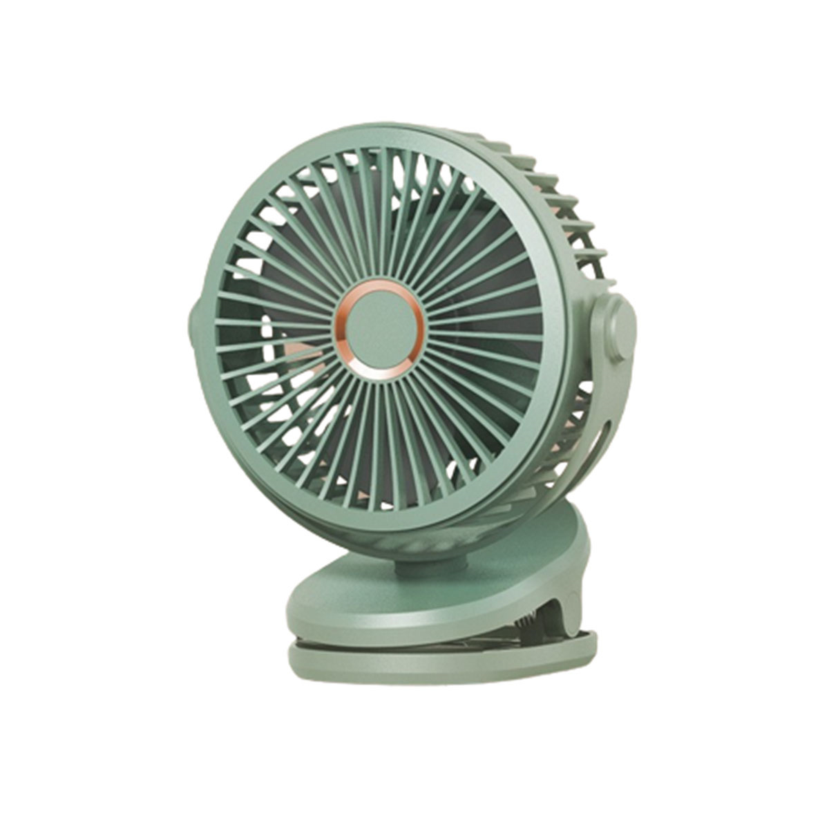 Grüner Ventilator mit Clip-Sockel. Rund mit Lüfterflügeln. Die Basis ist ein Clip.