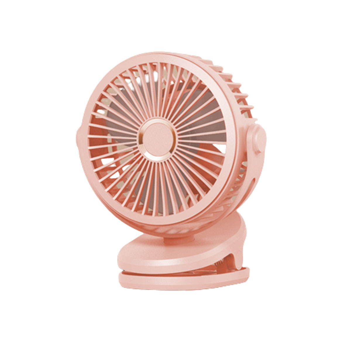 Pinker tragbarer Ventilator mit Clip, auf weißem Hintergrund.