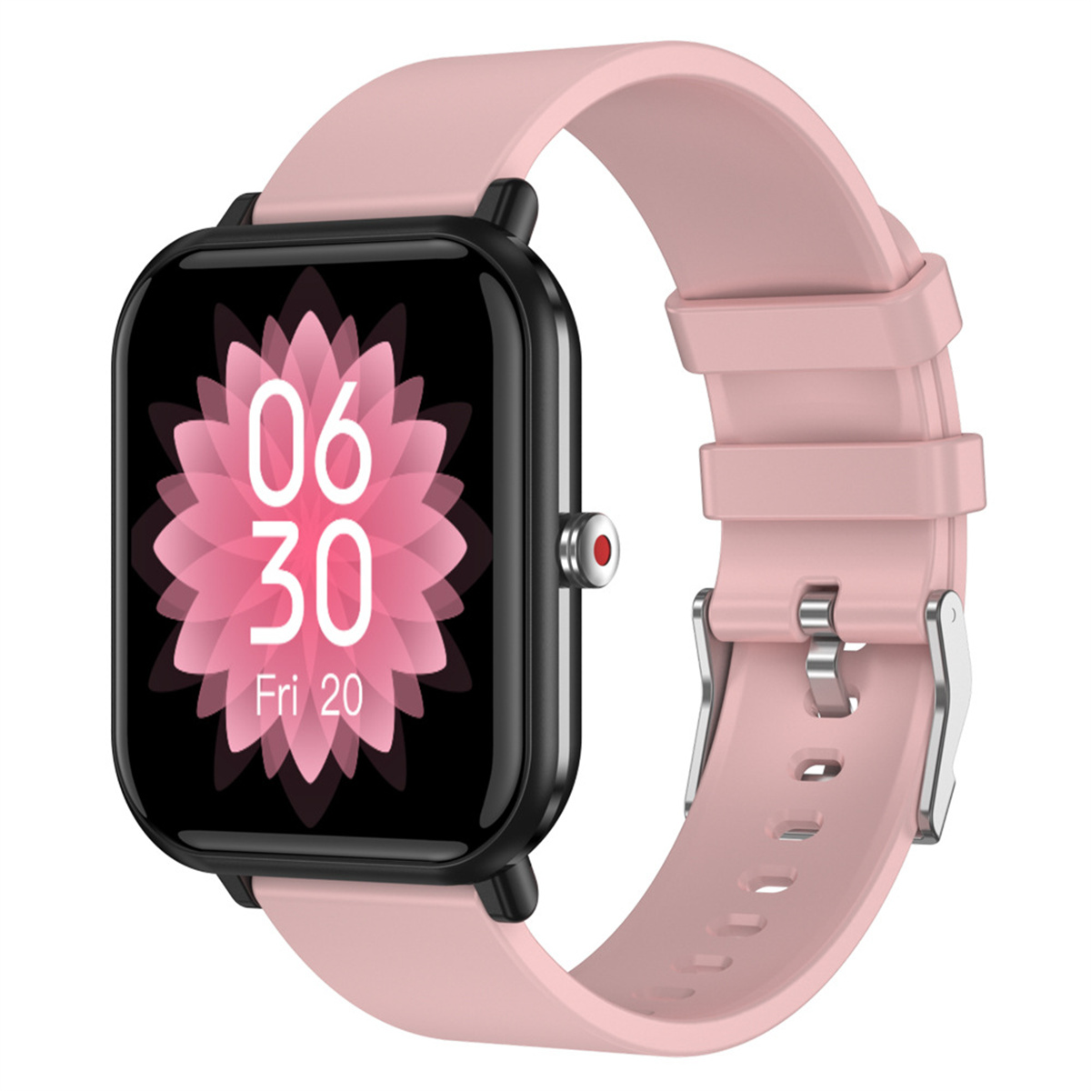 Rosafarbene Smartwatch mit schwarzem Rahmen, rosa Armband und weißer Anzeige von Uhrzeit und Datum.