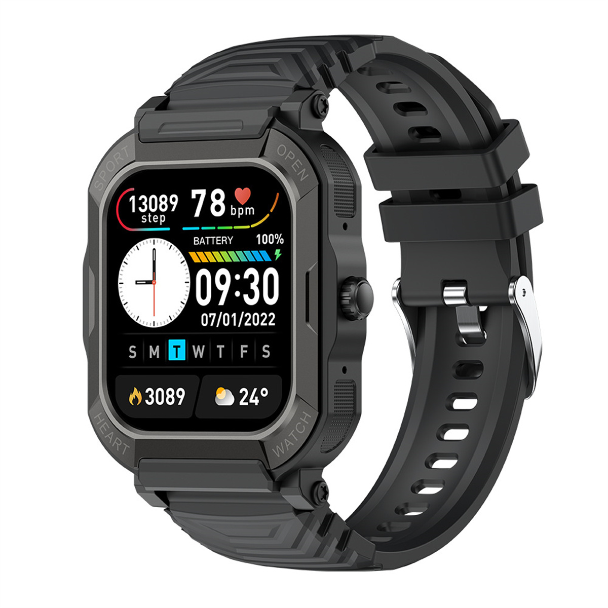 Schwarze Smartwatch mit quadratischem Bildschirm, der Zeit, Herzfrequenz und Aktivitätsdaten anzeigt. Schwarzes Armband.
