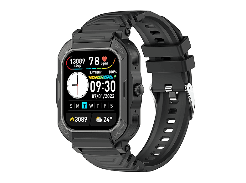SYNTEK Smart Watch Herzfrequenz Schwarz Schwarz Outdoor Smartwatch Zinklegierung Sport Silikon, Blutsauerstoff Bluetooth Talk