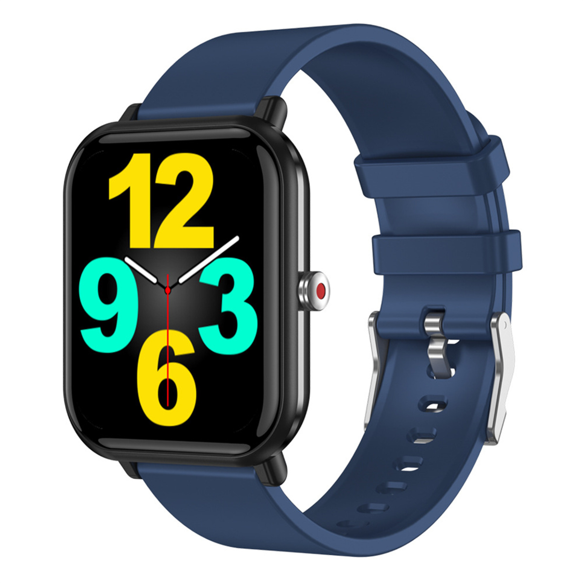 Smartwatch mit blauem Armband und schwarzem Display, das Zahlen und Zeit anzeigt.