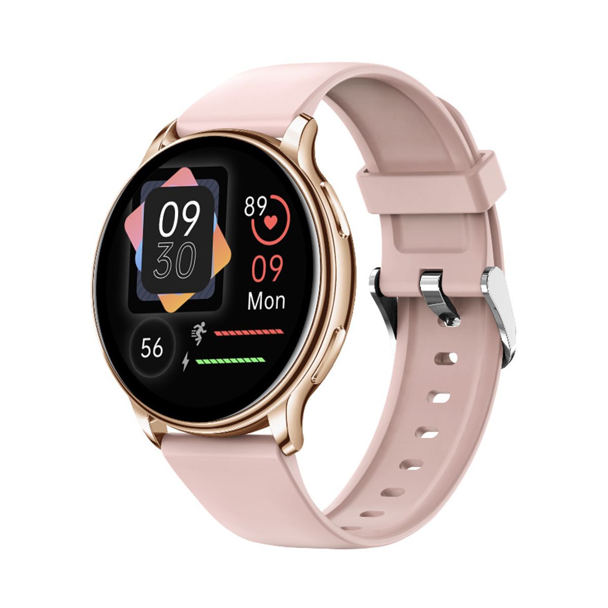 Smartwatch mit pinkfarbenem Armband. Rundes Zifferblatt. Zeigt Zeit und Herzfrequenz. Goldene Farbe.
