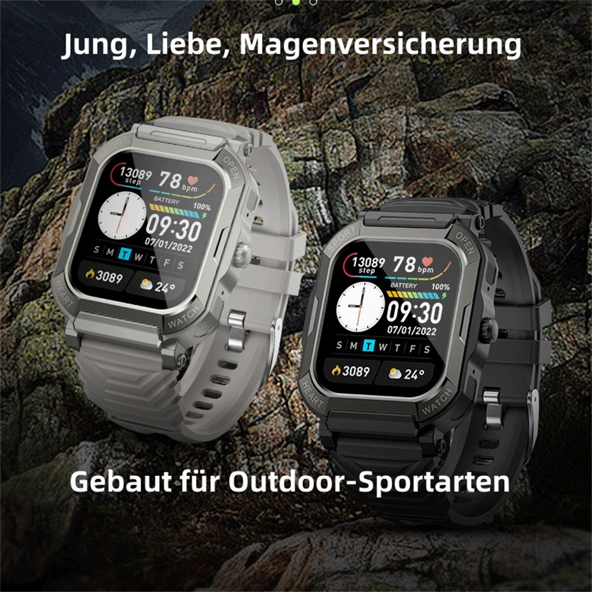 Bluetooth Blutsauerstoff Herzfrequenz SYNTEK Watch Outdoor Sport Talk Zinklegierung Schwarz Smartwatch Silikon, Smart Schwarz