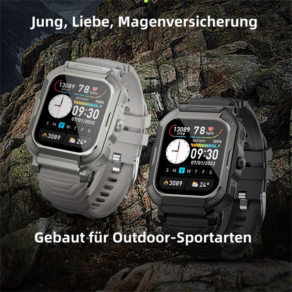Zwei Smartwatches mit Digitalanzeigen, die Zeit, Herzfrequenz und Akkulaufzeit anzeigen.