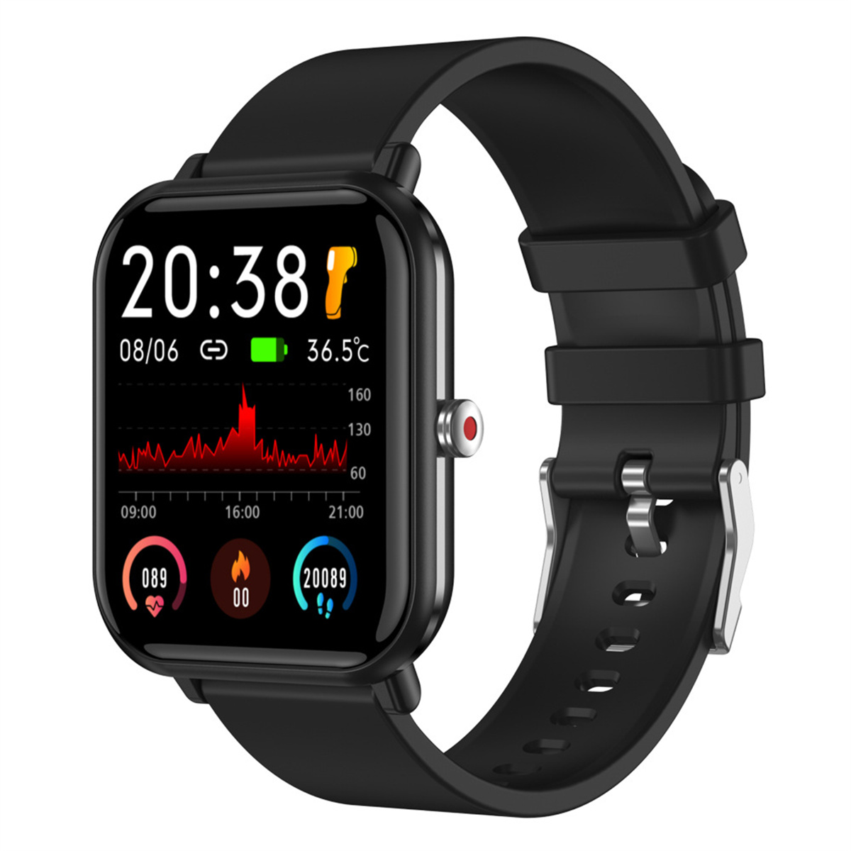 Schwarze Smartwatch zeigt Zeit, Datum und Statistiken. Schwarzes Armband. Weißer Hintergrund.