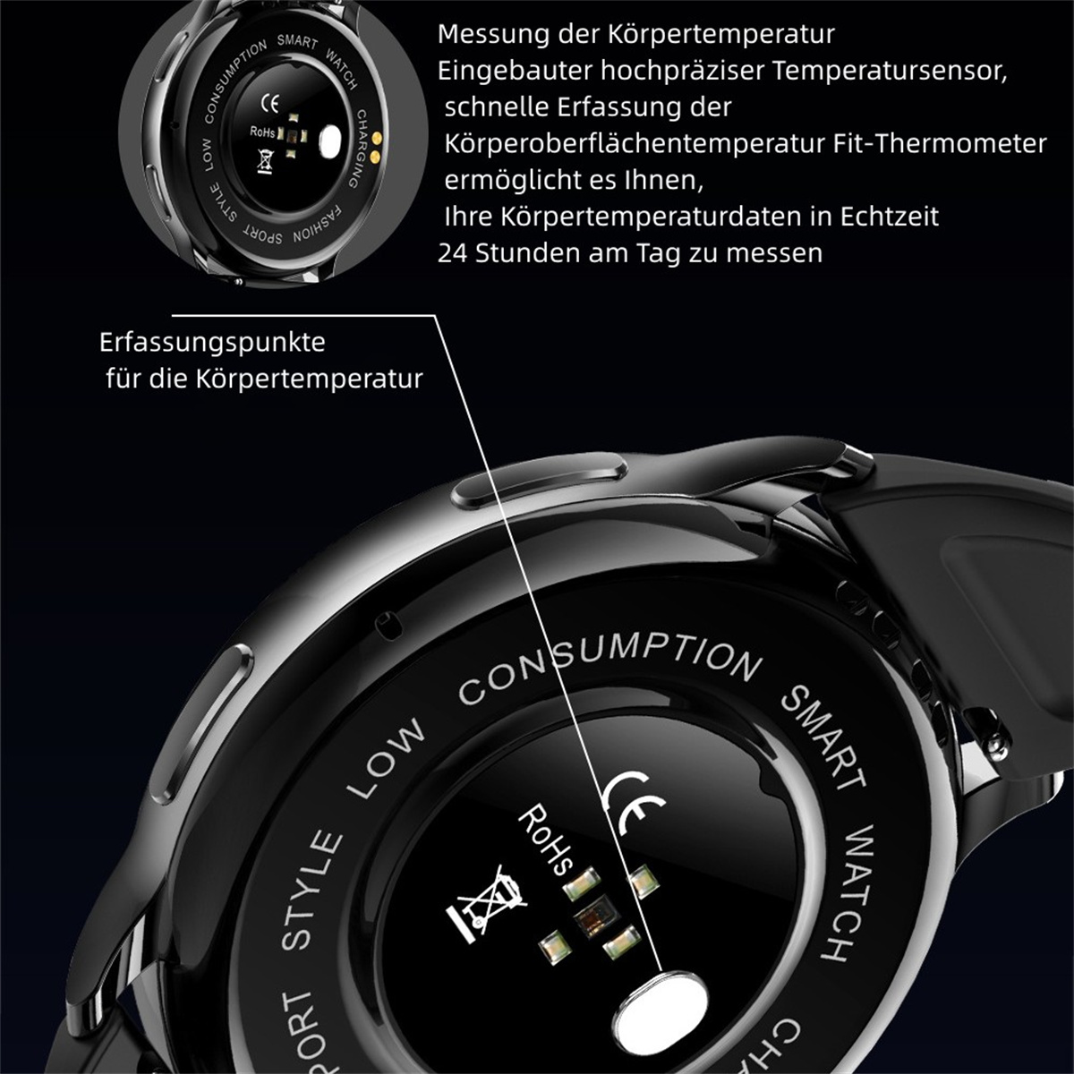 Nahaufnahme einer Smartwatch mit Text, Sensor und Ladeinformationen.