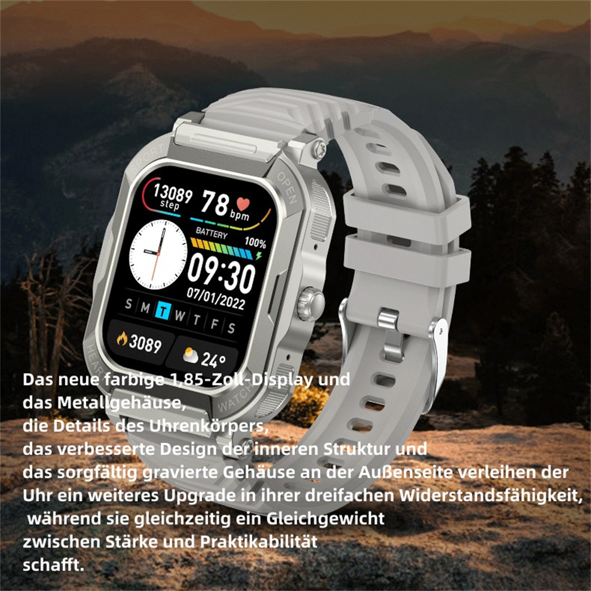 Smartwatch auf Weiß. Graues Armband, Bildschirm mit Daten.
