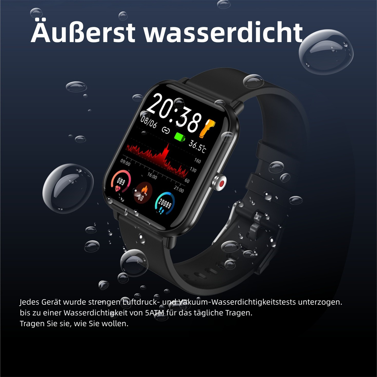 SYNTEK Smart Watch Herzfrequenz Blutdruck Sport Musik Smartwatch Telefon Multifunktion Sportarmband Schwarz Körpertemperatur Silikon