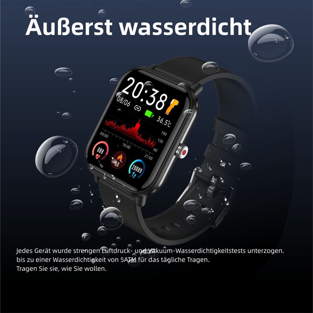 Schwarze Smartwatch mit digitalem Display, Wassertropfen darum herum.